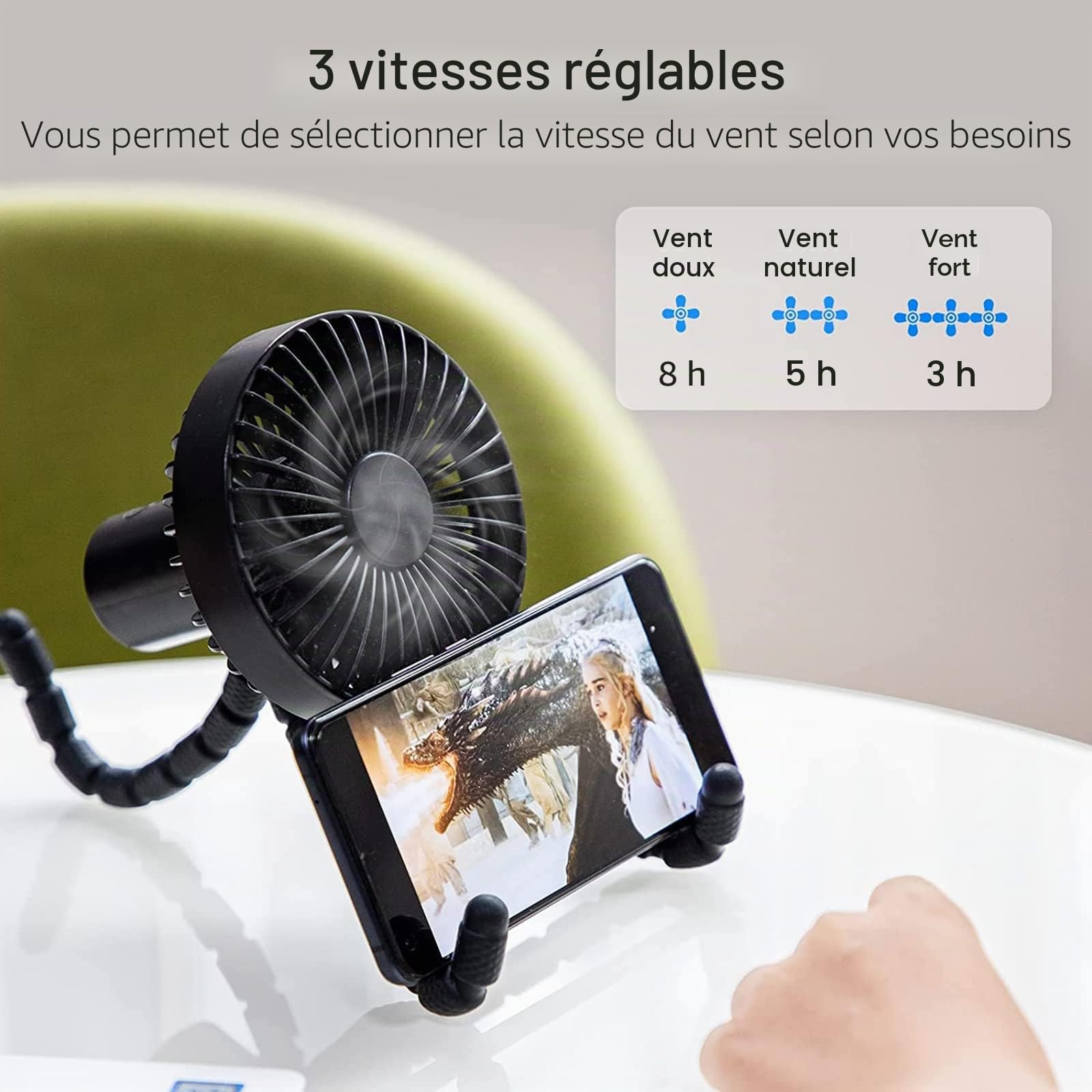 Ventilateurs pour Poussettes, Ultra Silencieux Ventilateur USB portable, Mini Fan avec Trépied Flexible, 3 Vitessesc avec Rechargeable, pour Poussette, Siège d'Auto, Tente, Bureau, Chambre