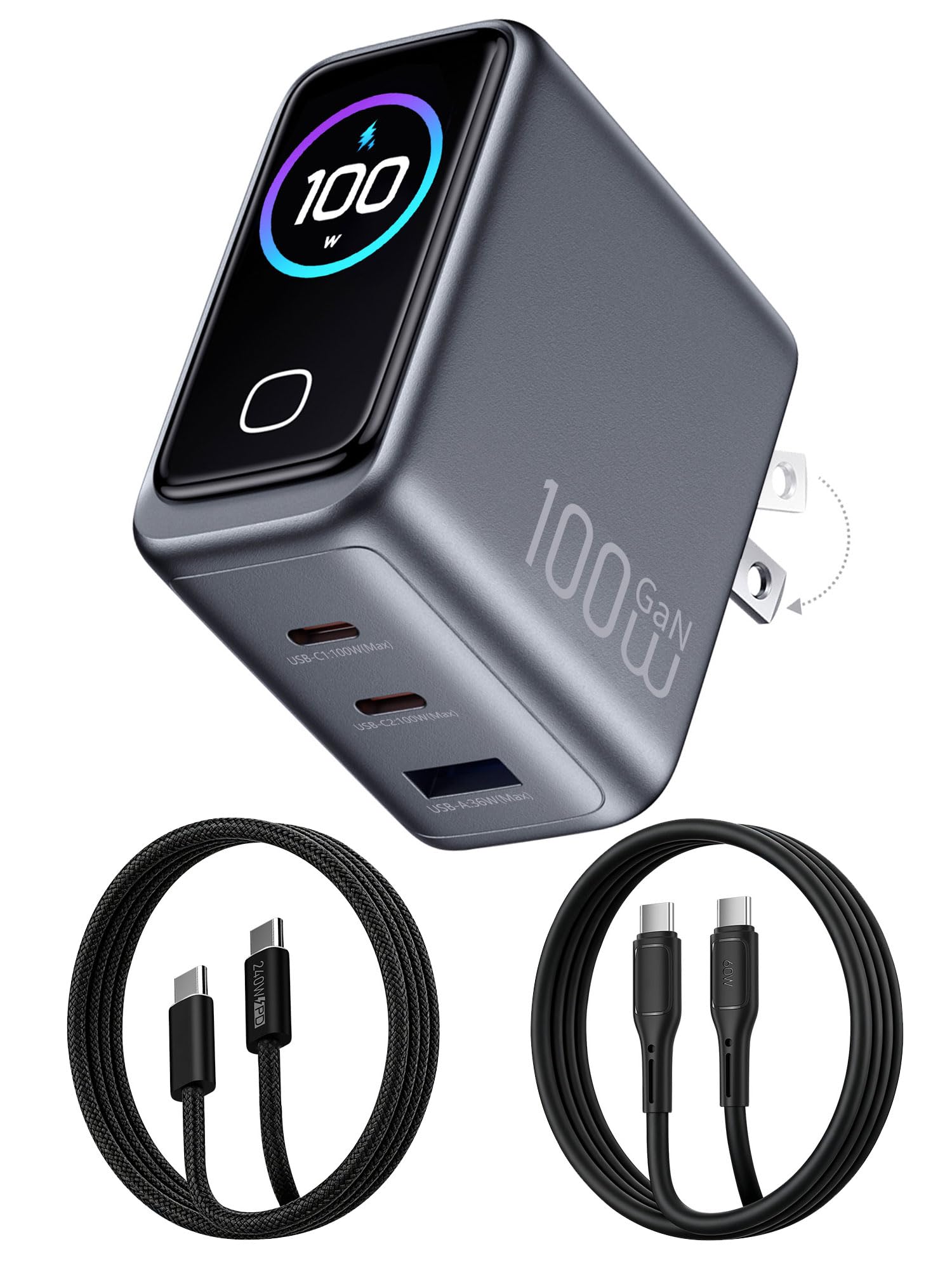 Photo 1 of 100W USB C Charger Block,3-Port PD PPS GaN Compact Foldable Plug,Smart Display Touch Control,Fast Charger with 5ft Cable for MacBook Pro/Air, iPad Pro, iPhone 17/16/15 Series,Pixel 9/8 Series,Laptop