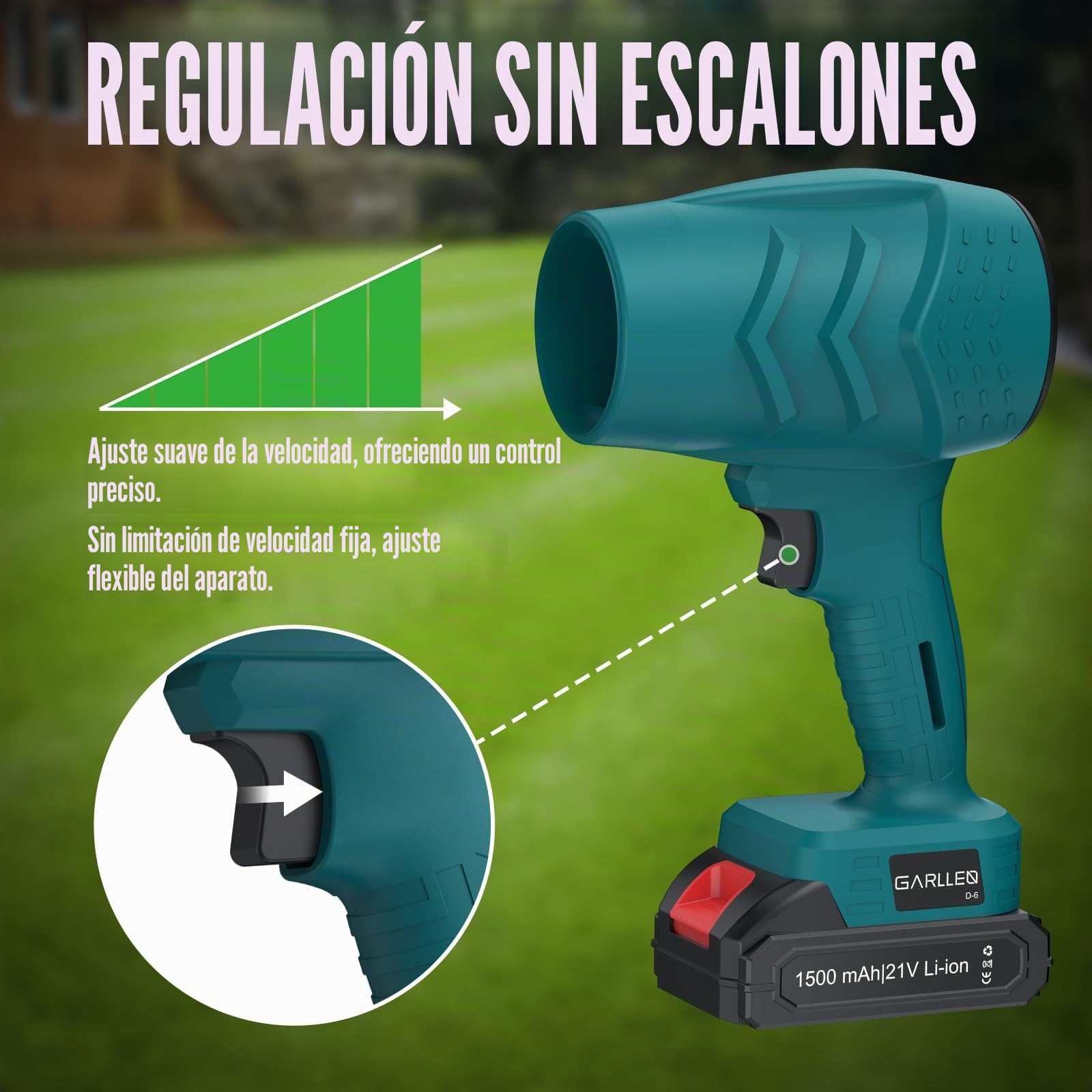 GARLLEN Soplador de Hojas Inalámbrico 21V, Motor de Cobre Puro 35000 RPM, Velocidad del Viento Ajustable Libre, 2 Baterías 1,5Ah con Cargador Rápido Ideal para Jardín, Terraza, Coche, Camping