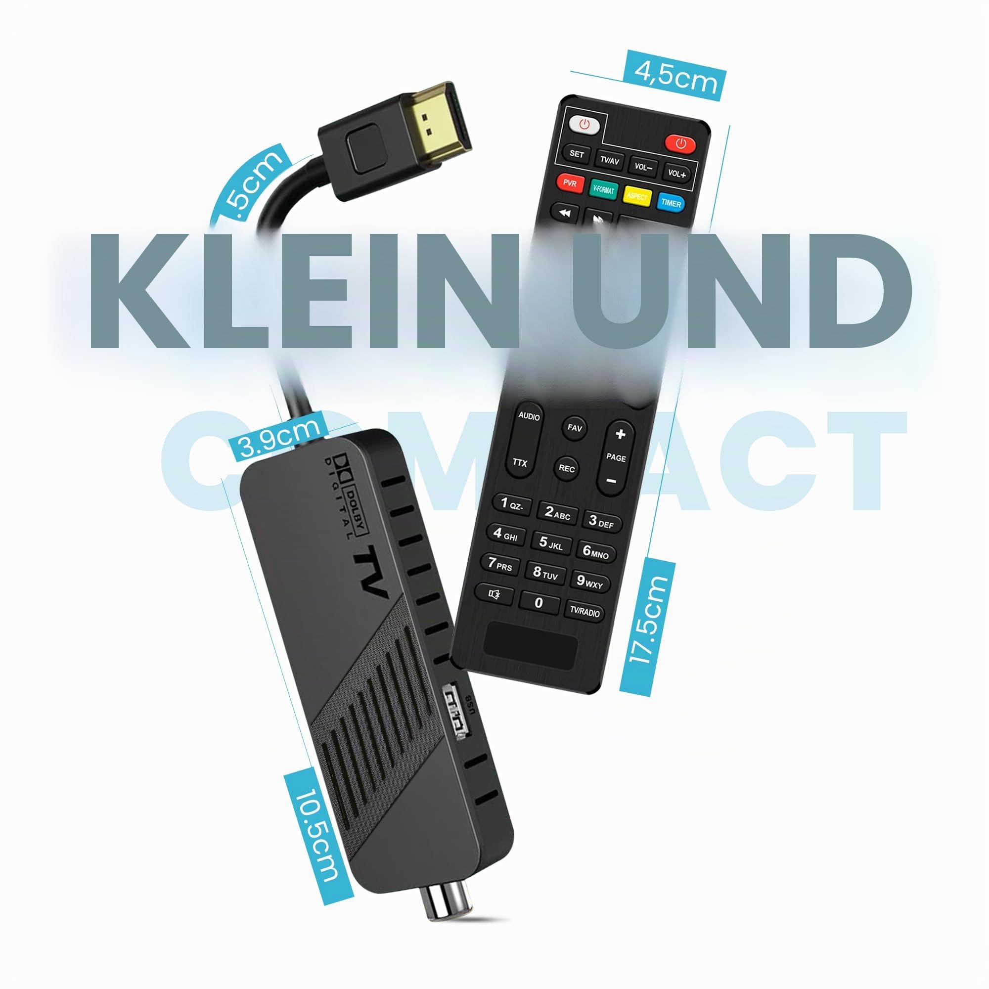 Leyf DVB-T2 DVB-T2 Decoder Full HD 1080P, TV-Decoder, versteckt hinter dem TV, Digitalanzeige, HEVC H265 Main 10 Bit, 2-in-1-Fernbedienung, HDMI/AV, USB