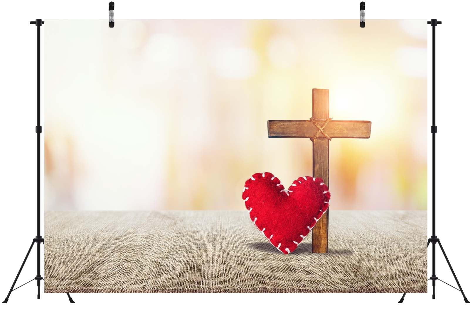 BELECO 3.6x3m Telo sfondo croce di legno e cuore | San Valentino cristiano cuori rossi croce Gesù luce sacra sfondo fede chiesa decorazione festa accessori foto