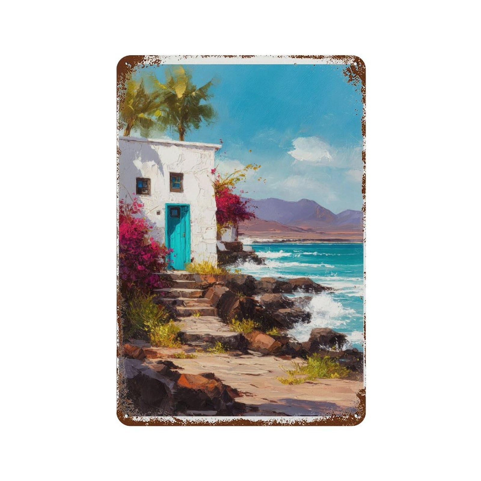 xiaoxiaoshen Lanzarote Spain Watercolor Coastal Canary Island Travel Wall Decor Art Metal Tin Poster Modern Home Decor Art Home Bar Shop Decorations Vintage Sign 30x20cm