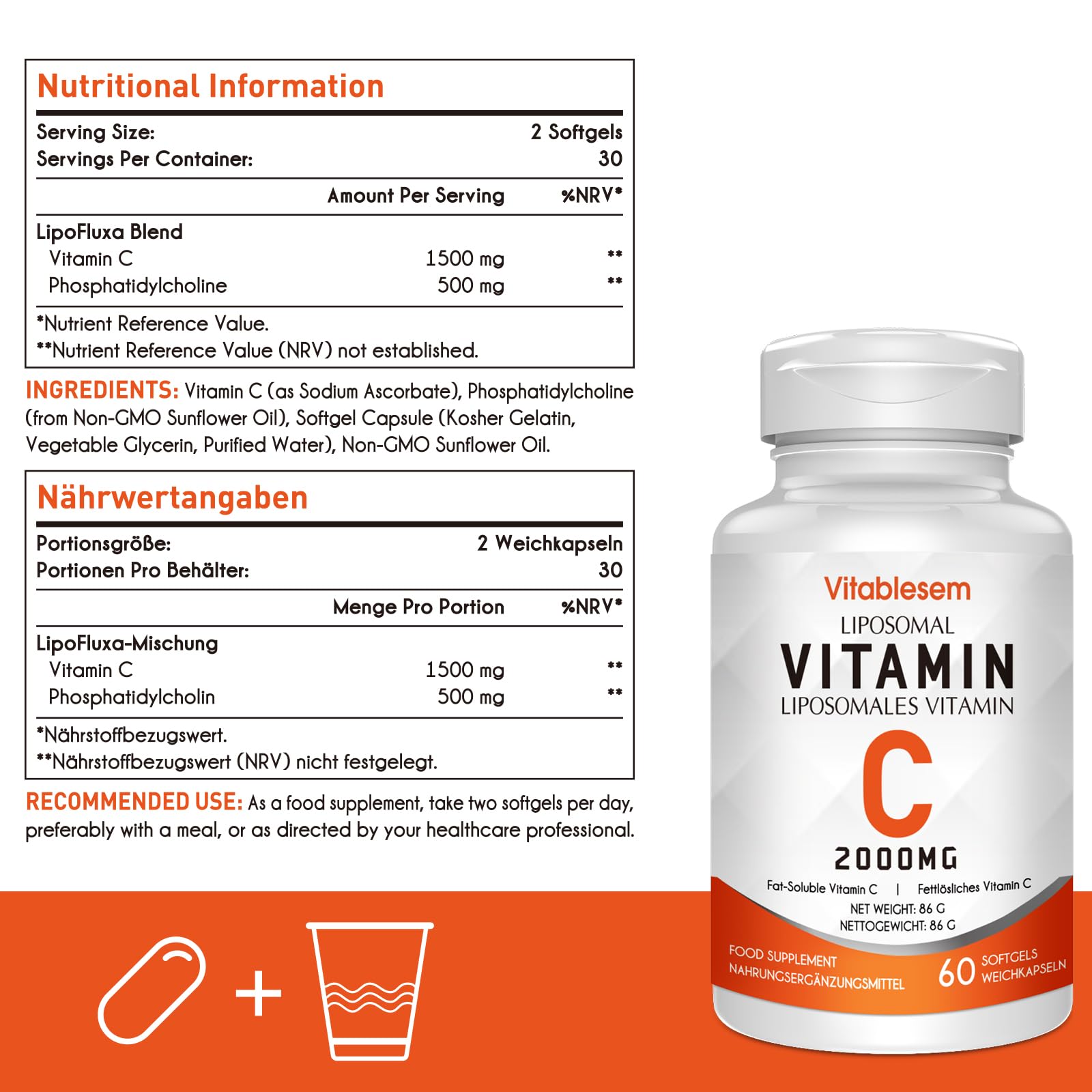 Liposomale Vitamin C Kapseln 2000 mg - Hochdosiert Glutenfrei & Ascorbinsäure - Immununterstützendes Antioxidans - Non-GMO