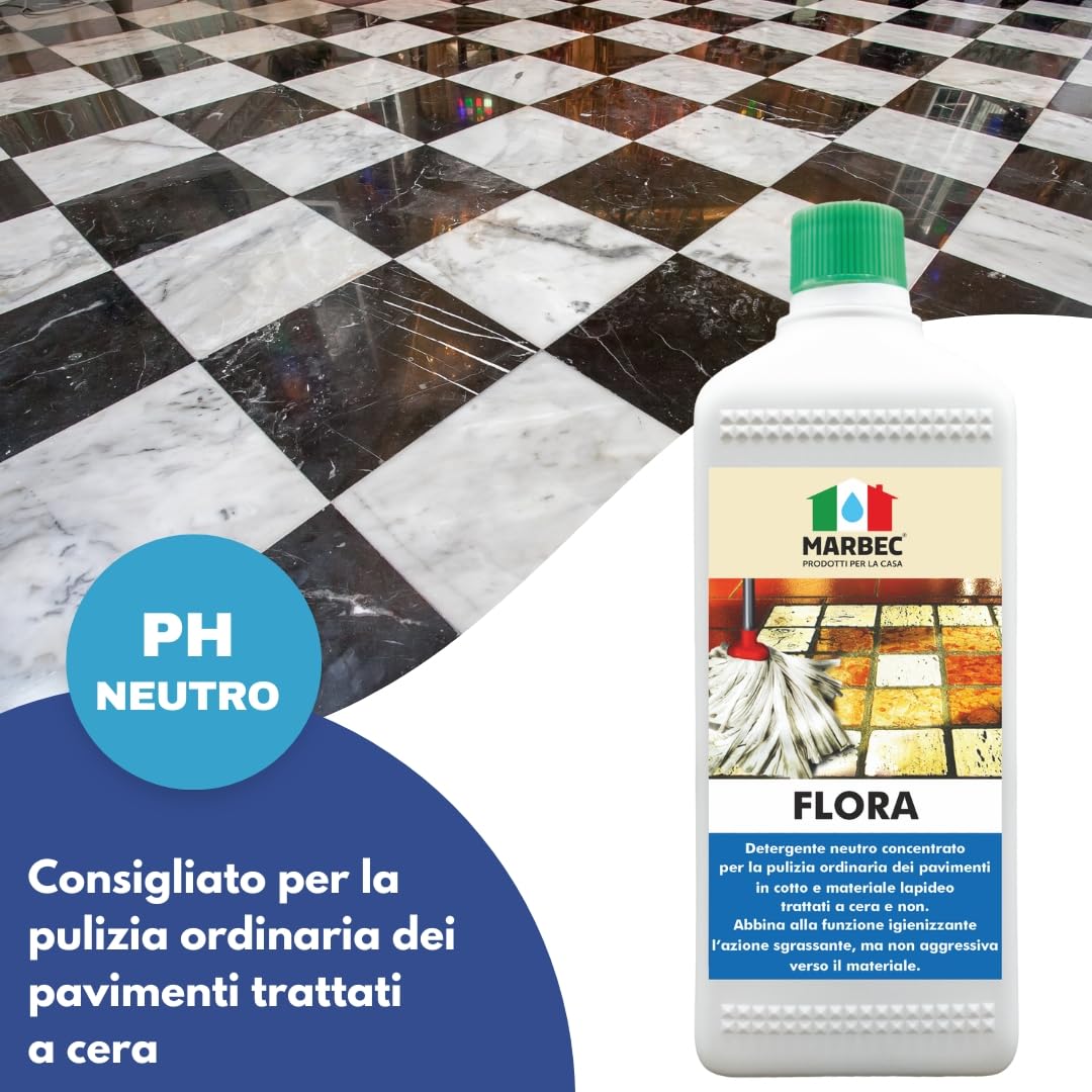 MARBEC FLORA 1LTX6PZ Detergente per pavimenti in cotto e materiali lapidei, ideale per la pulizia ordinaria di superfici trattate e non.