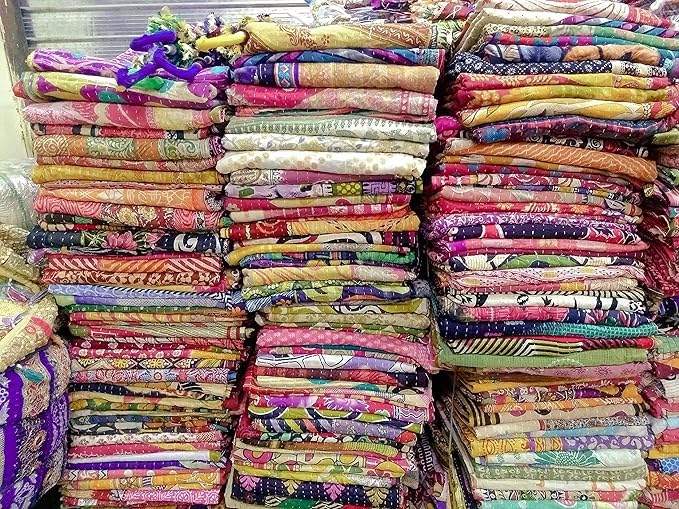 Mycrafts Indian Wholesale Kantha Quilt 3 PCs Vintage Kantha Quilt Handmade Blanket Patch Hippie Bohemian Old Saree Made Hand Stitched Bedspread Recycled Cotton Twin Size Reversible Throw