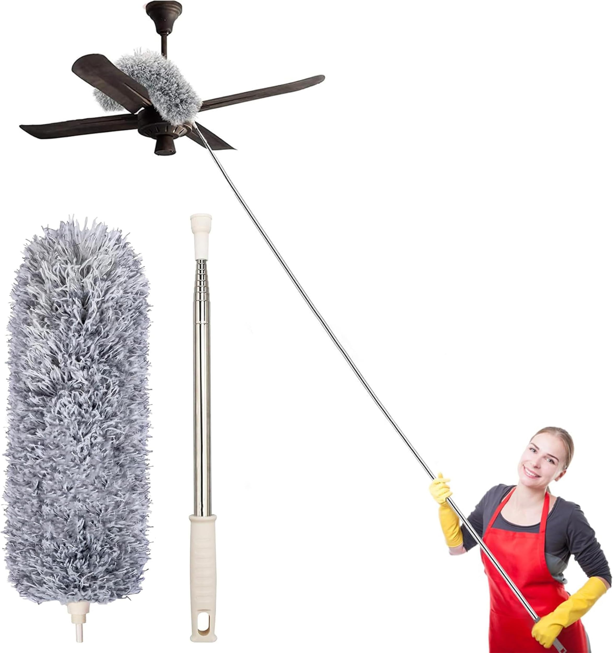 VOLTURI Fan Cleaning Mop with Long Rod, Microfiber Electrostatic Feather Fan Cleaner Ceiling Duster for Home Cleaning, Extendable Pole 100 Inch, Anti-Scratch Bendable Brush, High Roof Dust Cleaning