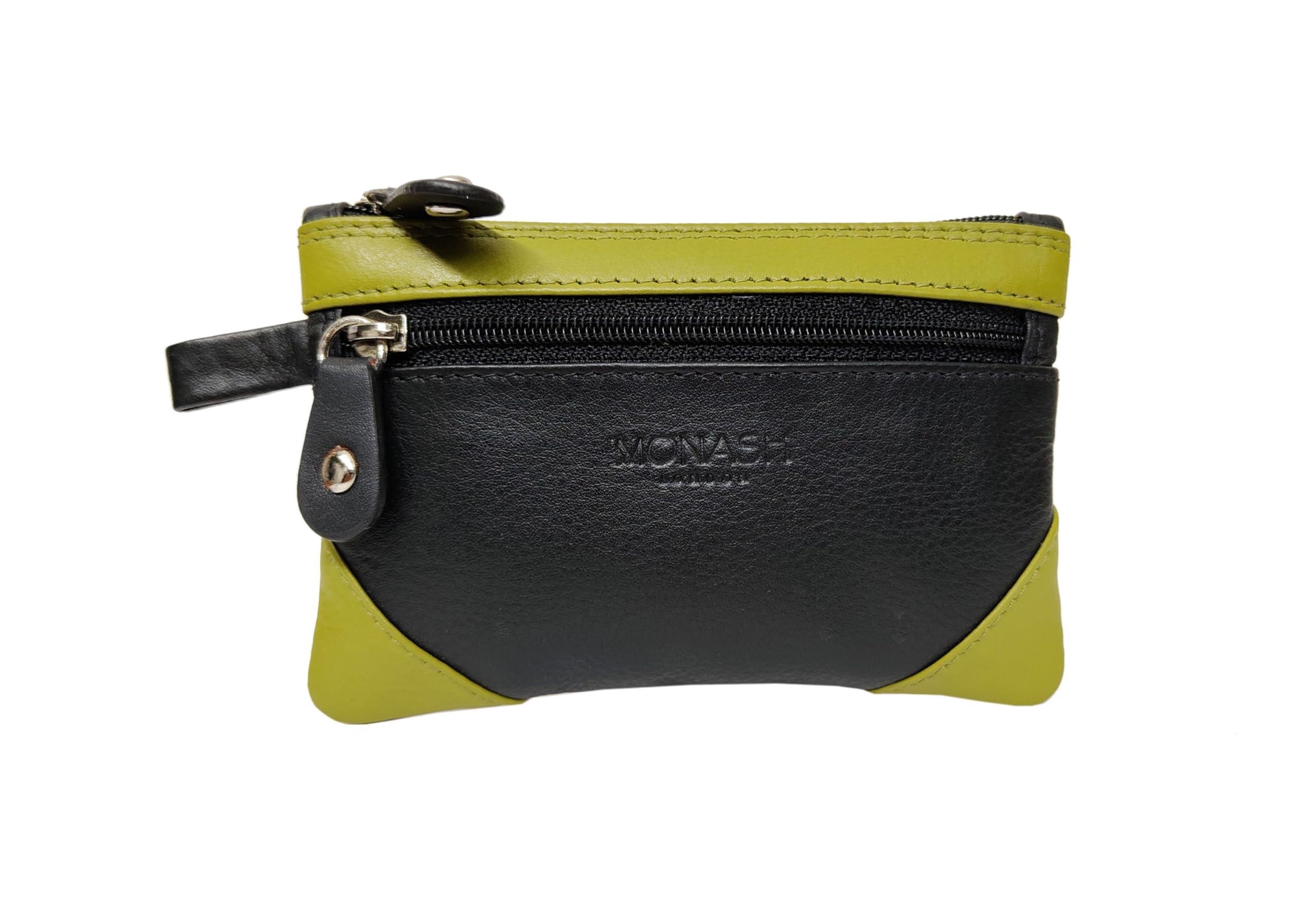 Made of genuine leather key puch One zipper main compartment One front zipper pocket 2 key ring inside the main compartment Leather puller used-image-48