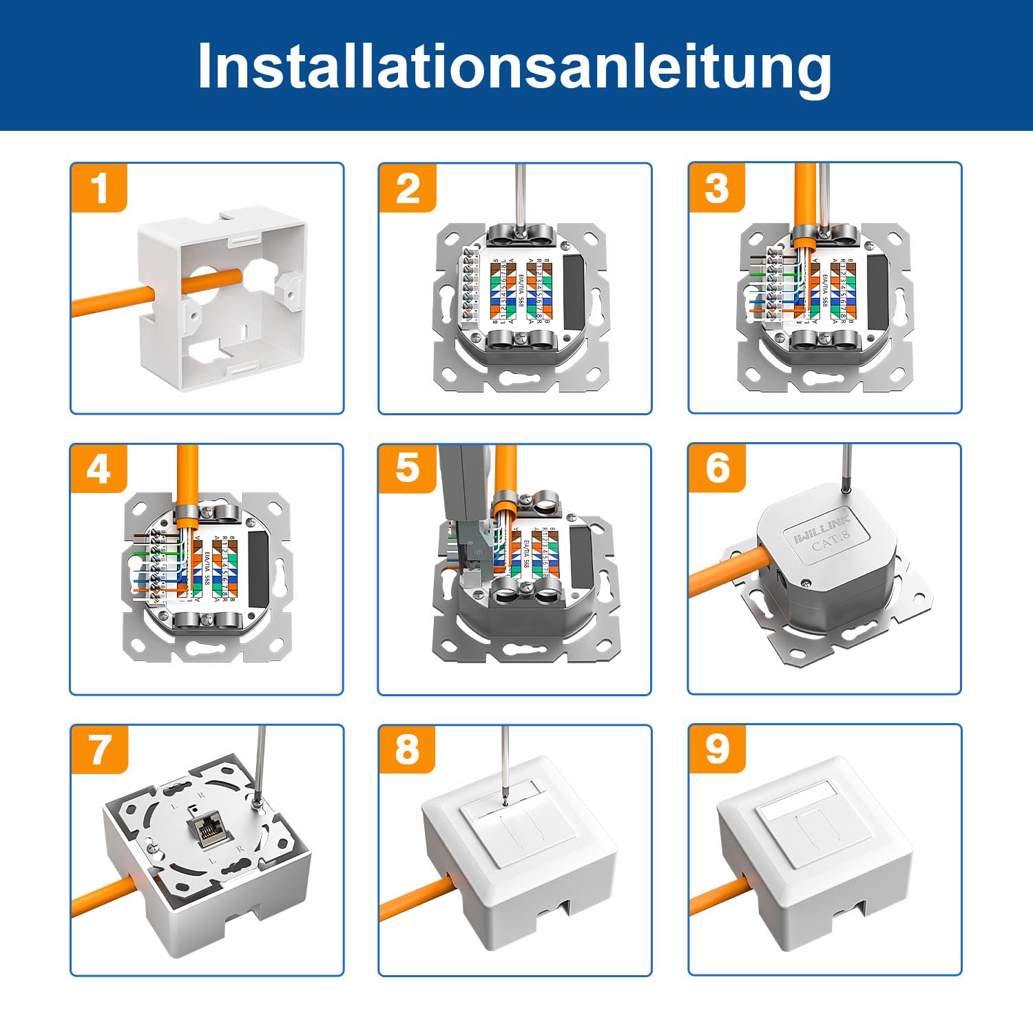 iwillink 10 prese di rete universali CAT8, 1 porta, RJ45 schermata, da parete o da incasso, EIA/TIA-568-A/B 8P8C, Ethernet 40 Gbit/s, POE+, compatibile con CAT8, CAT7, CAT6a, CAT6, colore bianco