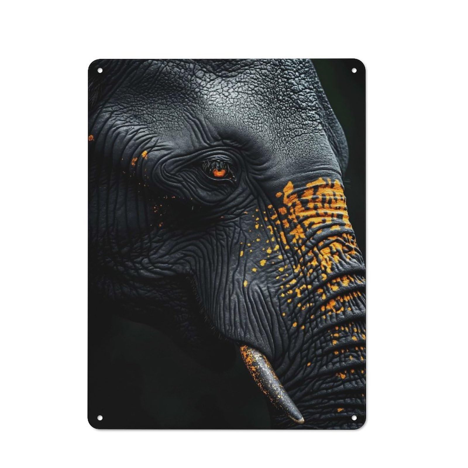Junmoney Style-2 Black Elephant With Orange Markings Rustic Tin Wall Plaque 40X30cm For Hobby Room Or Studio, A New Home Present For Creative Interior Collectors