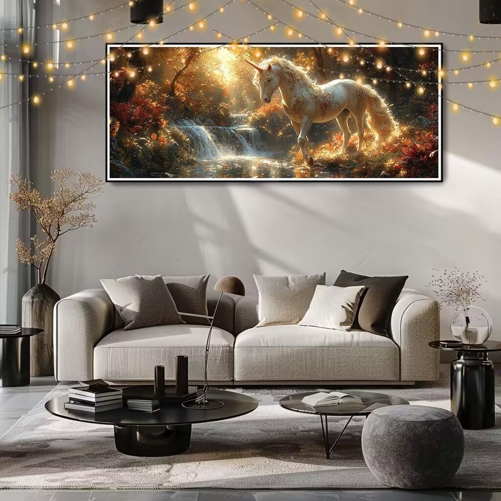 Malarstwo diamentowe 5D, dla dorosłych, biały jednorożec, wodospad, obraz "zrób to sam", obraz do malowania diamentami dla dzieci (80 x 200 cm), zestaw do haftu diamentowego, zestaw do malowania, do