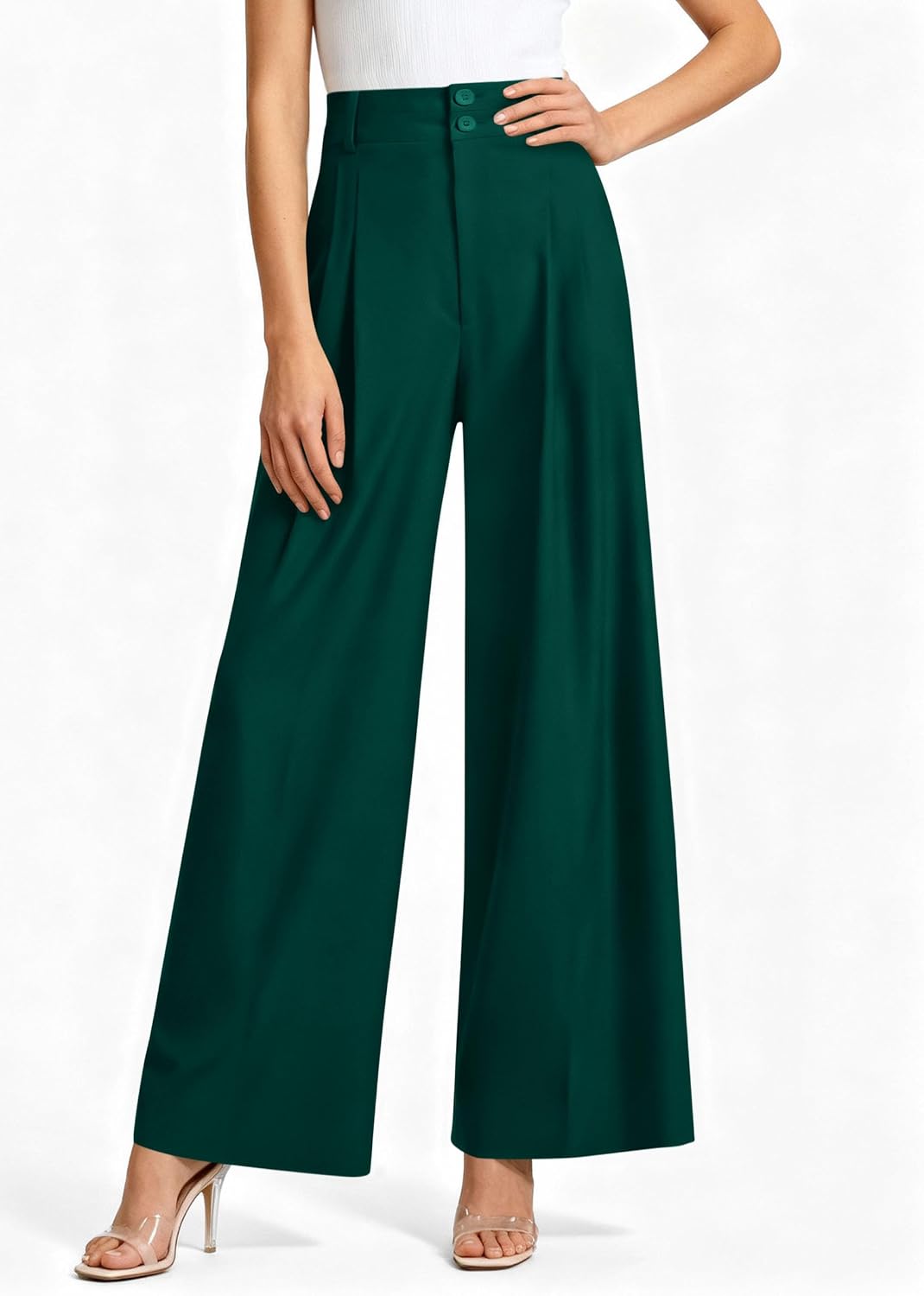 PRETTYGARDEN Womens Spring Wide Leg Palazzo Pants 2026 Trendy Loose Button High Waist Pleated Work Business Casual Trousers thumbnail