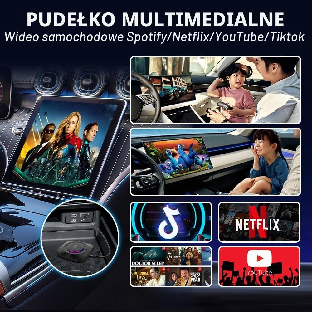 Adapter CarlinKit Android 13.0 AIBox - Wireless CarPlay&Android Auto, 4GB+64GB Android 13.0 standalone, obsługa kart SIM, do samochodów z kablem CarPlay&Android Auto
