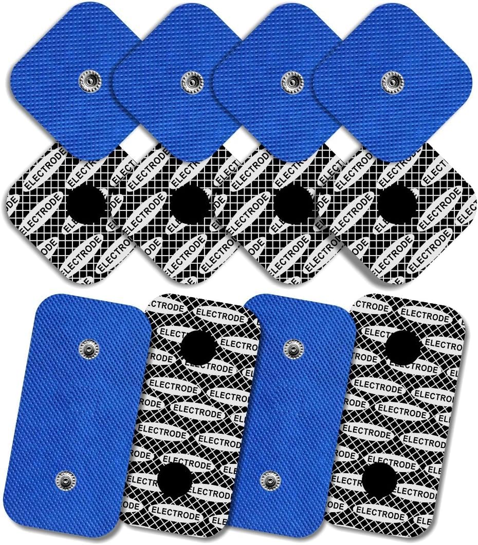 8 elettrodi con 1 SNAP, 50 x 50 mm, e 4 elettrodi con 1 SNAP, 50 x 100 mm, compatibili con Compex, con motivo in argento sulla superficie conduttrice