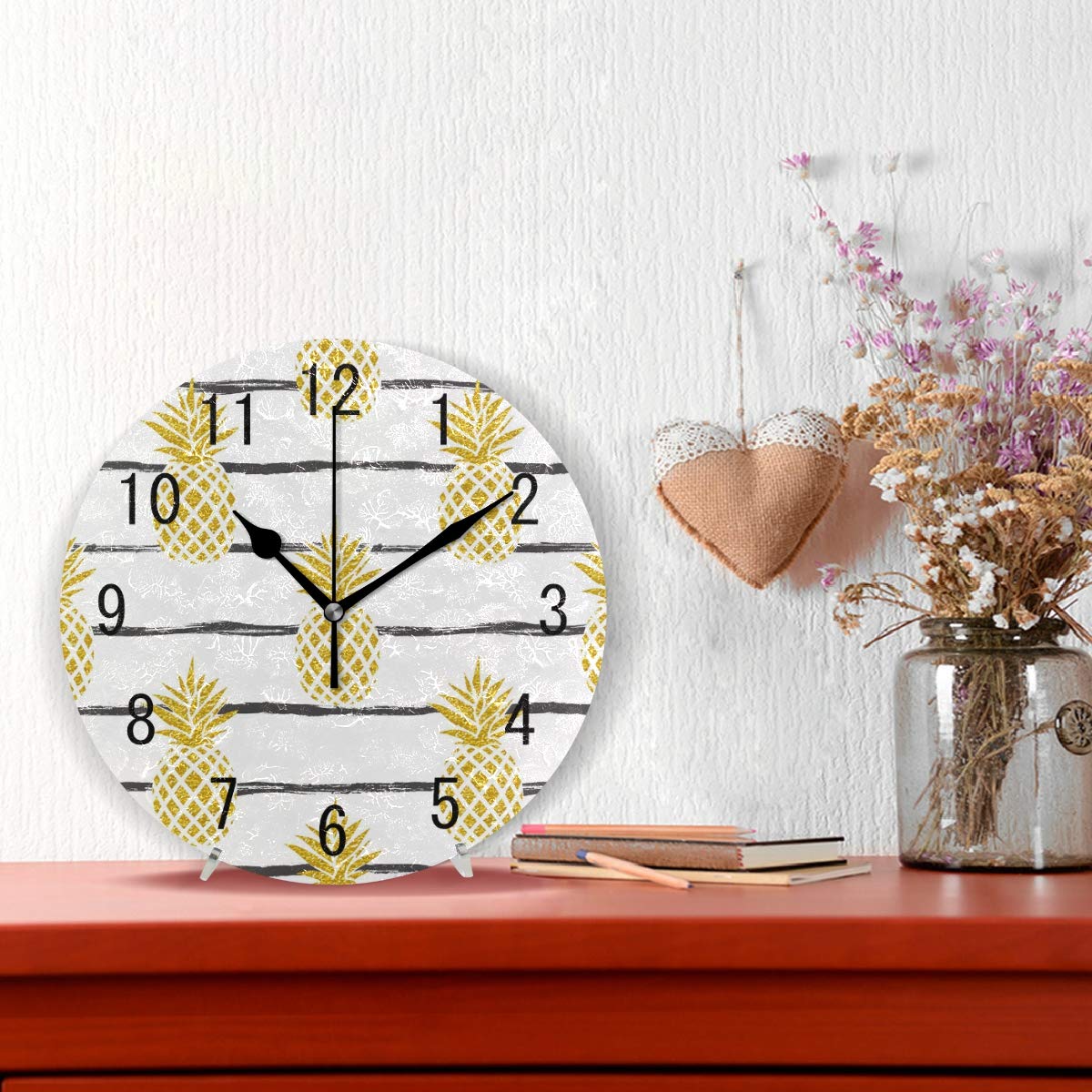 ALAZA Home Decor Summer Gold Pineapple on Striped Round Acrylic 9.5 Inch Wall Clock Non Ticking Silent Clock Art for Living Room Kitchen Bedroom