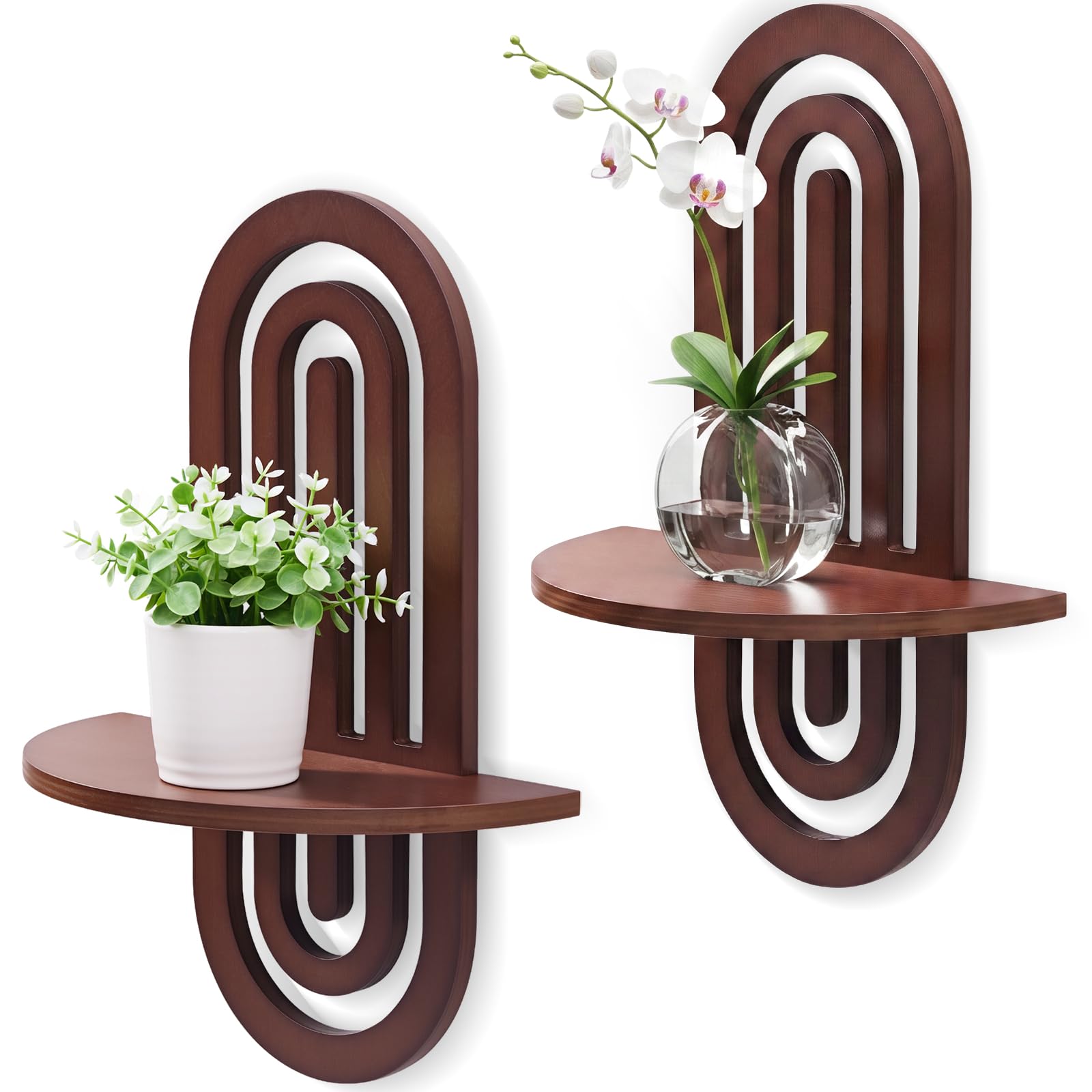 Boho Wall Decor Floating Shelves with Arched Design, Wood Wall Decorative Bohemian Art Display Shelf Set of 2 for Living Room, Bedroom, H 16.7" x W 11.8"