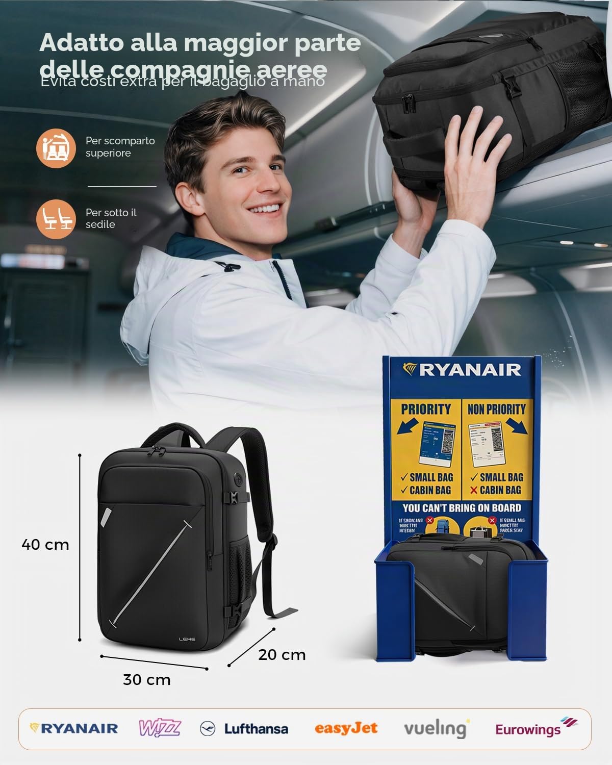 Zaino Ryanair 40x30x20 Bagaglio a Mano, Zaino da Viaggio Aereo Espandibile 24-30L Borsa da Cabina, Zaino Porta Laptop Uomo Donna, Idrorepellente per Business Lavoro Viaggio, Nero