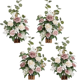 Ling's moment 17.5" Tall Standing Artificial Flowers Arrangements 4 pcs Wedding Aisle Runner Chair Decorations Dusty Rose Cream for Centerpieces Ceremony Reception Rose Floral Party Outdoor