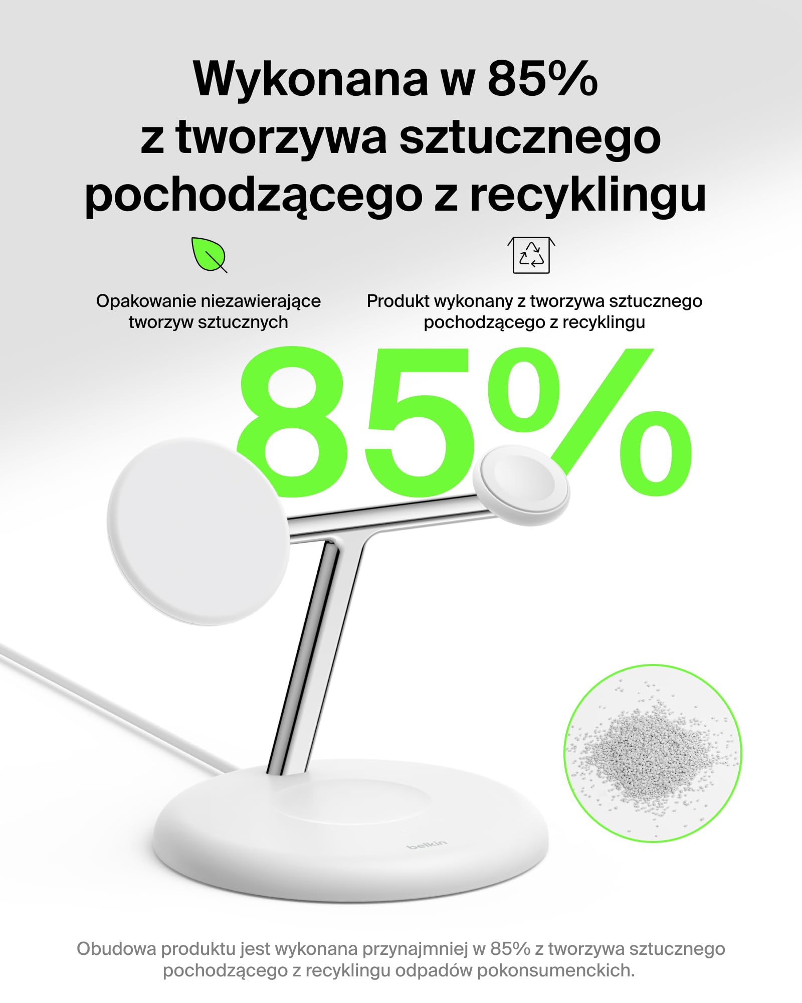 Belkin UltraCharge Bezprzewodowa Stacja Ładująca 3 w 1 z Qi2, 25 W – Biała | Zgodna z MagSafe Ładowarka do Urządzeń iPhone, Apple Watch i Słuchawek, Certyfikat Qi2.2, z Kablem USB-C i Zasilaczem 45 W