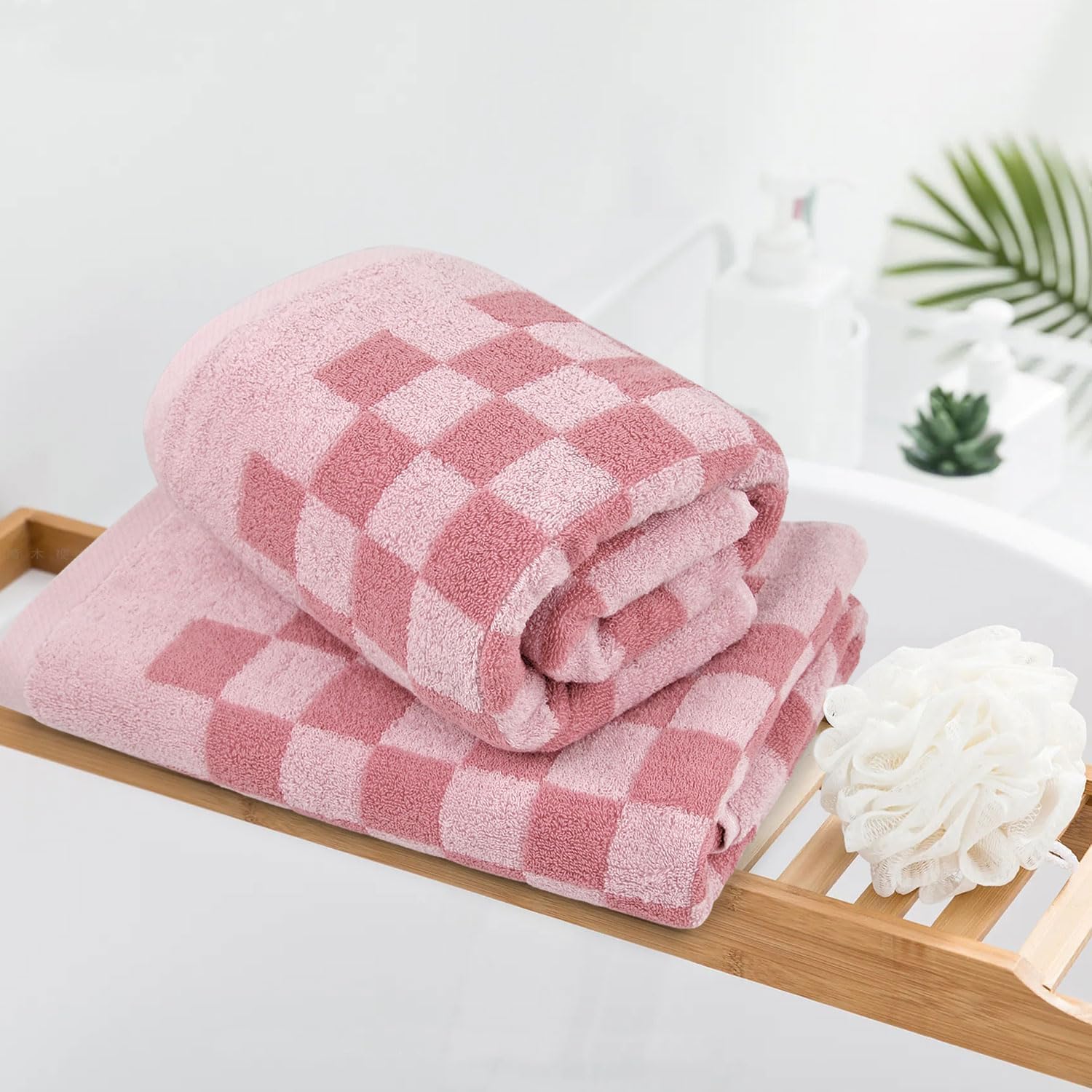 Jacquotha Lot de 2 Serviettes de Bain Douces en Coton à séchage Rapide pour Salle de Bain, Plage, Piscine (Carreaux Roses), Mignonnes et Amusantes pour Femmes, Filles, 69,9 x 140,7 cm