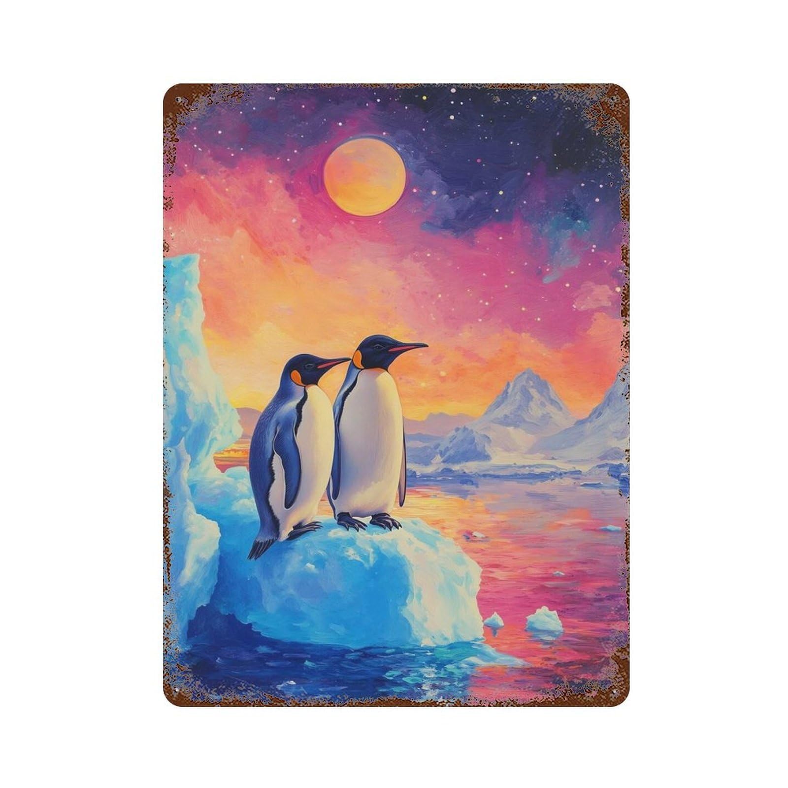 Rust Effect Penguins on Iceberg Under Colorful Sky Distressed Metal Wall Sign 15.7"x11.8", Decorative Metal Wall Art for Living Room, Hallway And Home Decor