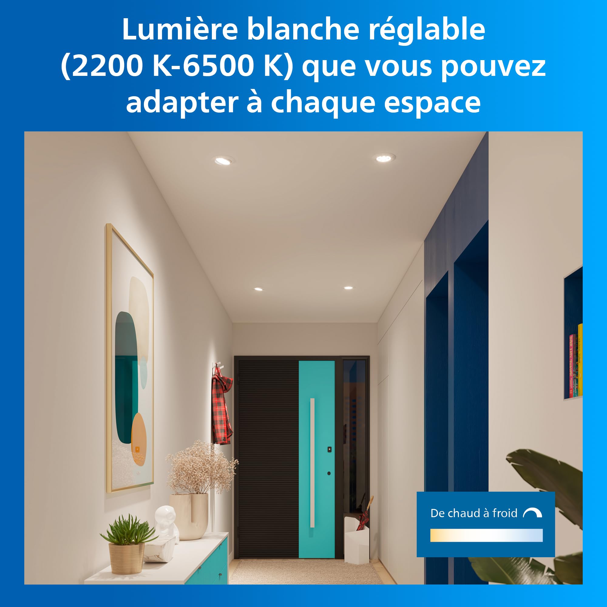 Philips Smart Lighting Kit GU10, Pack de 4, Spot Plafond, Blanc et Couleur Réglable, Tête Inclinable, Intensité Réglable, Commandes via App et Voix, Blanc
