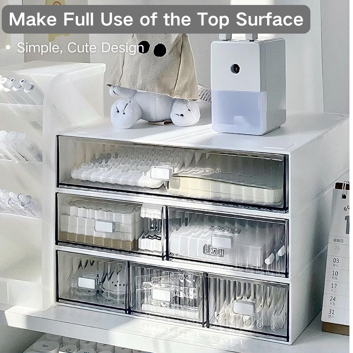 Hacaroa 3 Stufiger Mini Schreibtisch Organizer mit 6 Schubladen, Kunststoff Desktop Schubladen Aufbewahrungsbox, Stapelbare Make-up Organizer für Büro, Schule, Badezimmer, Abnehmbares Design, Weiß