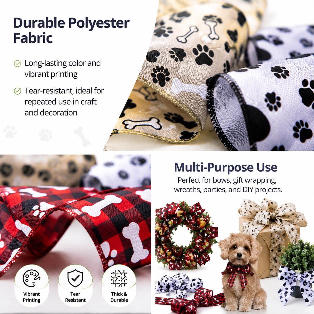 2 Rolls 10 Yards Paw Print Wired Edge Ribbon 2.5 Inch Dog Bone Pattern Fabric Ribbon Pet Dog Themed Craft Ribbon for Puppy Party Decoration Farmhouse Wreath Gift Wrapping Red Black White (Red) image 4