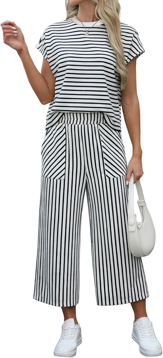 Sweetmoon 2 Piece Sets for Women Summer Outfits Short Sleeve Travel Outfits for Women Vacation Crop Pant Matching Lounge Set