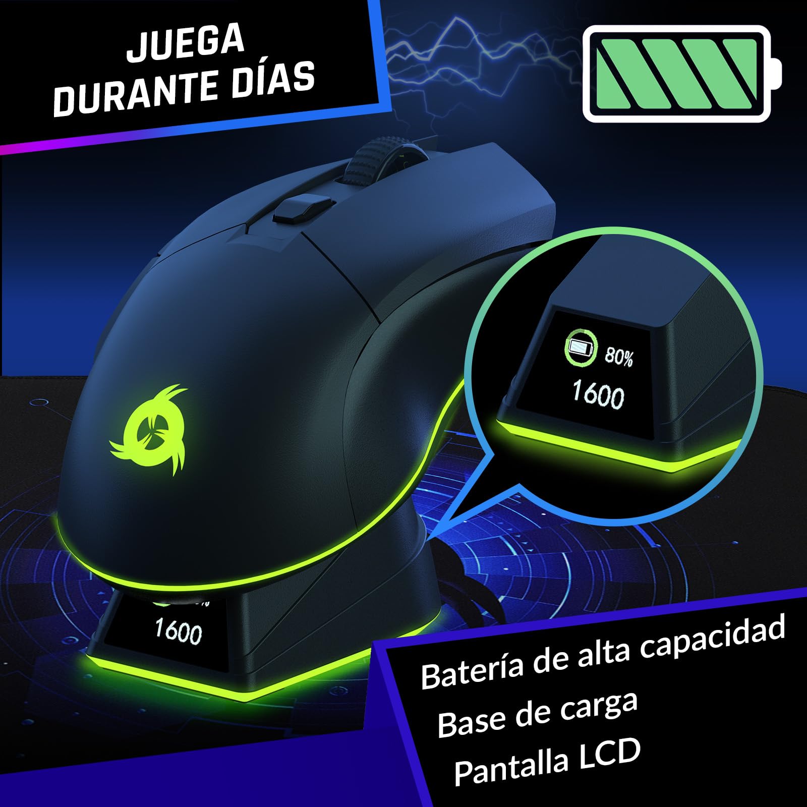 KLIM Blaze Pro – Ratón inalámbrico RGB Recargable con estación de Carga – Novedad con LCD Pantalla – Sensor Alta precisión y batería de Larga duración – hasta 6000 dpi – Ratón inalámbrico con Cable