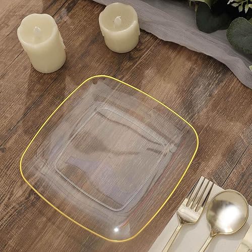 Miniatura 4 de Efavormart - Paquete de 10 platos cuadrados de plástico transparente de 7 pulgadas con borde dorado platos de ensalada desechables para aperitivos