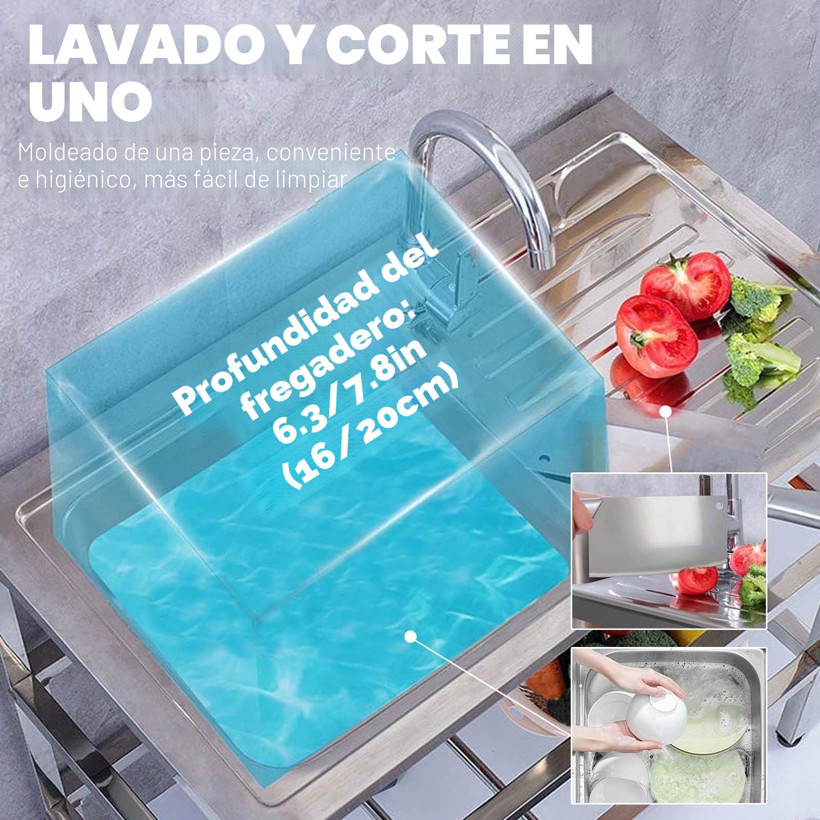 Fregadero De Cocina con Patas Exterior Jardin Mueble Fregadero De Acero Inoxidable Portatil Lavamanos Industriales con Grifo Estante Y Escurridor Pila De Lavar para Jardin Camping Garaje Comercial