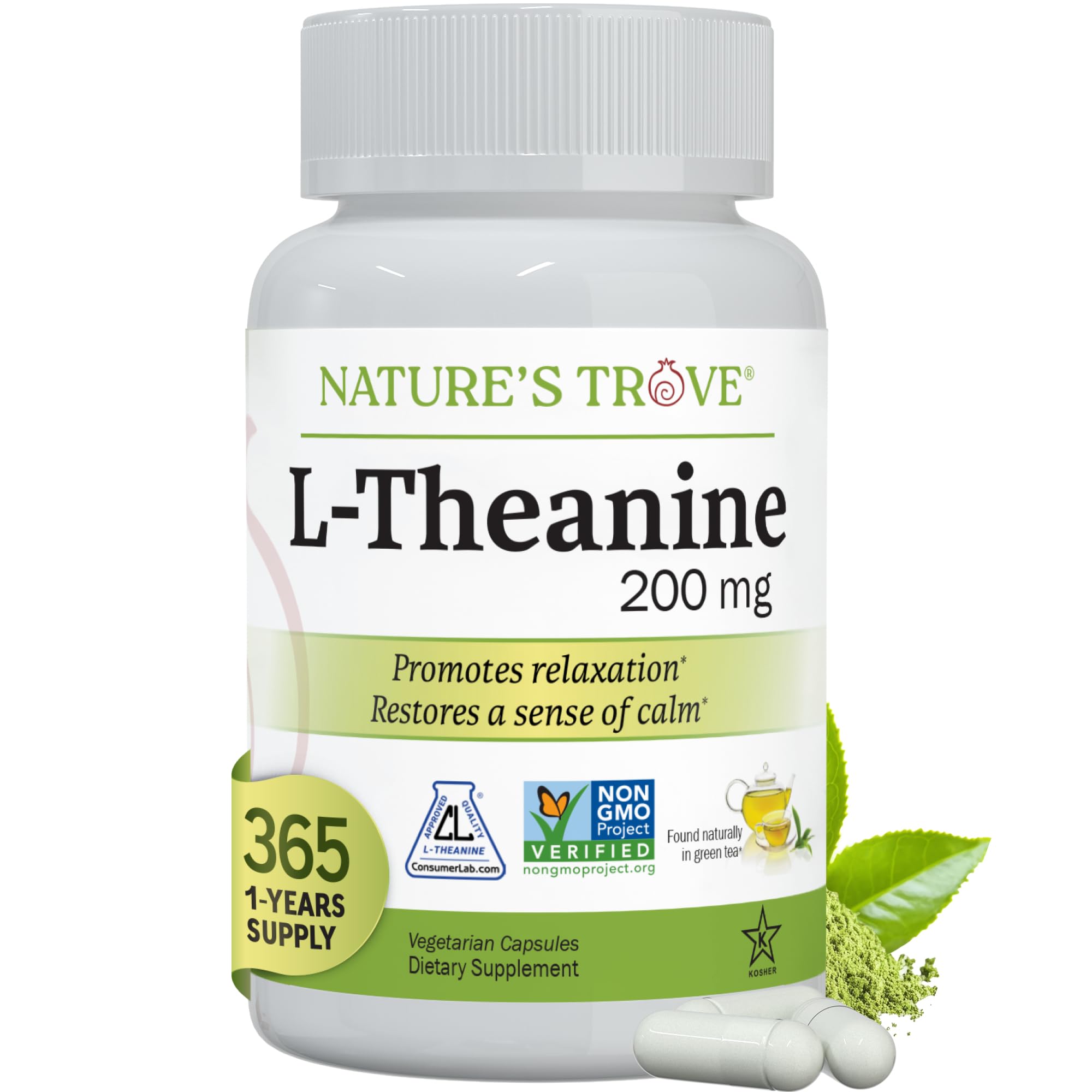 Nature's Trove L-Theanine 200mg Super Value Size - 365 Vegetarian Capsules