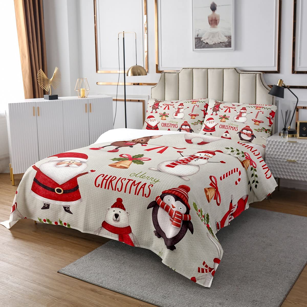 Weihnachts-Bettwäsche-Set Queen Size Mit Schneemann & Rentier - Kuschelige Mikrofaser, Waschbar
