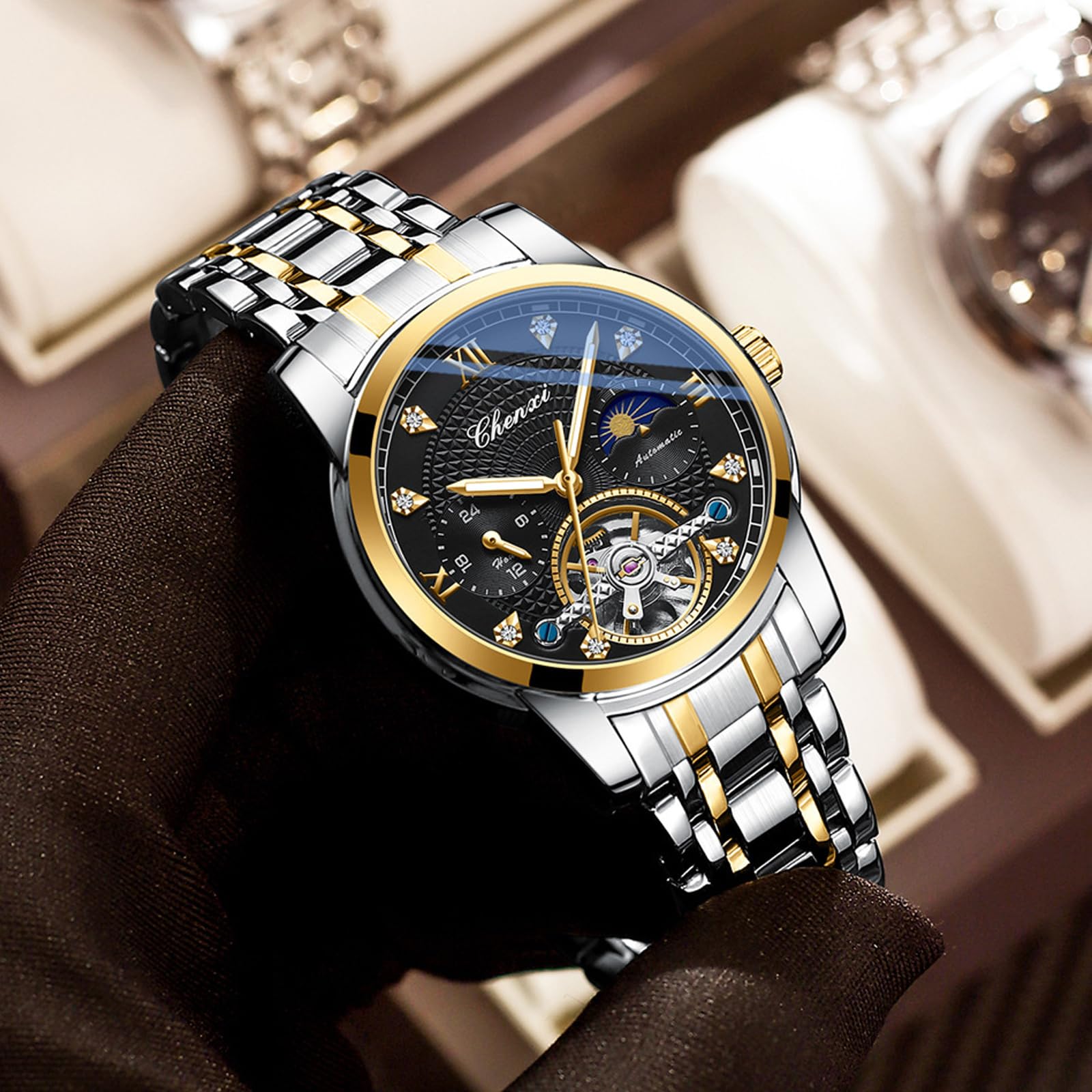 FORSINING Männer Mechanische Uhr Tourbillon Moon Phase Mode Armbanduhr Automatische Herrenuhren Edelstahl Wasserdicht Geschäft