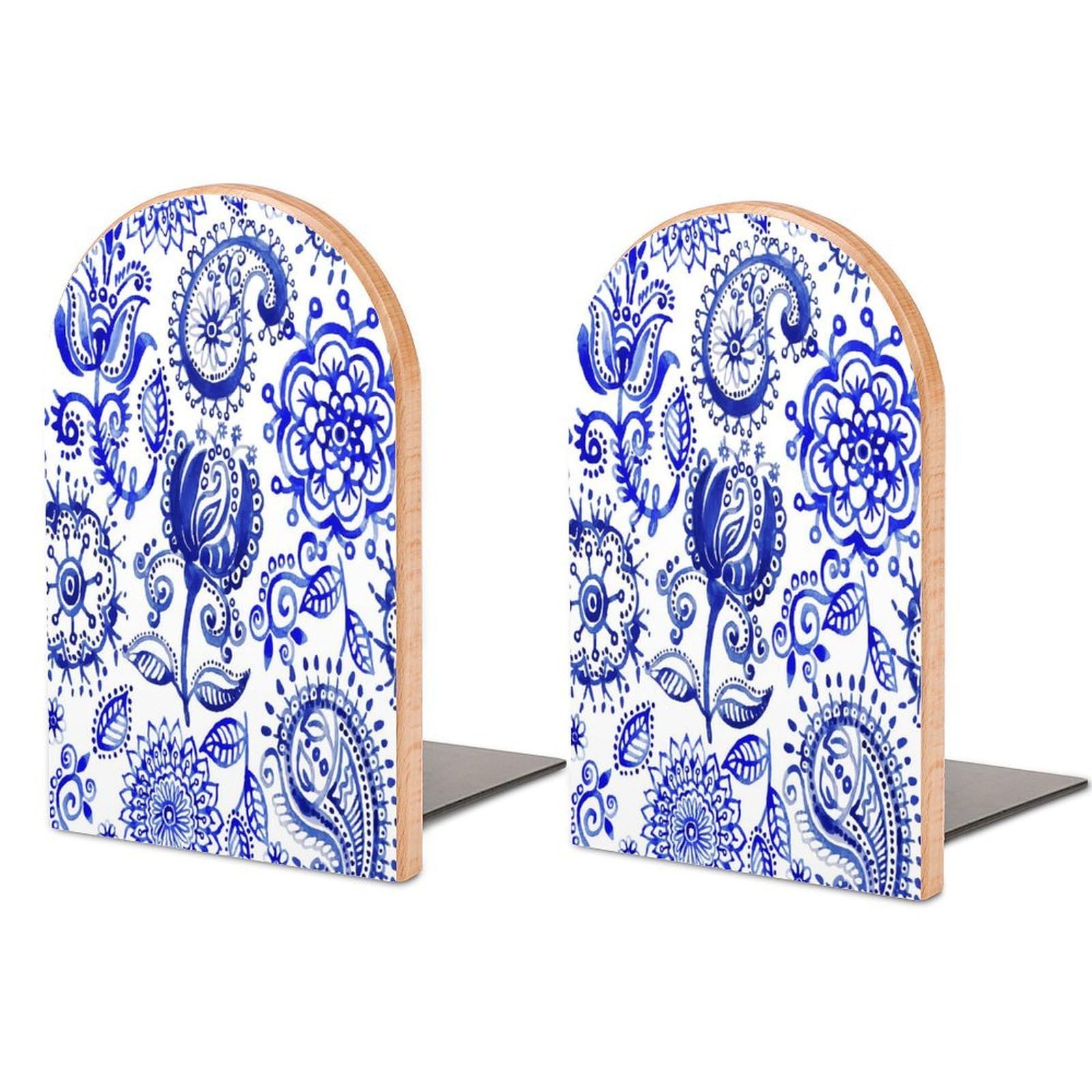 Seamless Pattern in Paisley Style Beech Wood Bookends Heavy Duty Book Organizers Desktop File Holder for Office Home Bookshelf