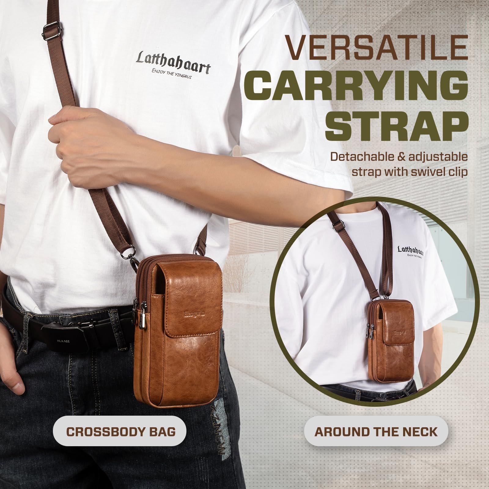 Multifunktionale Echtleder Doppel Reißverschluss Taschen Männer Vintage Look Umhängetasche Handy Gürtel Tasche Telefon Holster für Reisen, Outdoor Aktivitäten