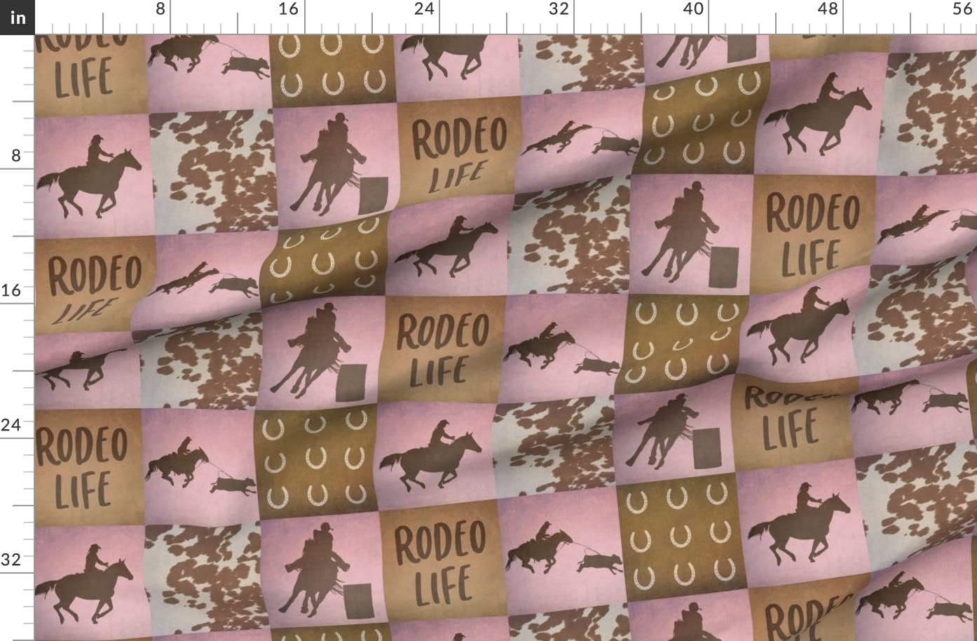 Spoonflower Fabric - Rodeo Girl Patchwork 7 Inch Western Cowgirl Pink Brown Quilt Country Printed on Organic Cotton Sateen Fabric by The Yard - Sewing Quilting Apparel Home Decor