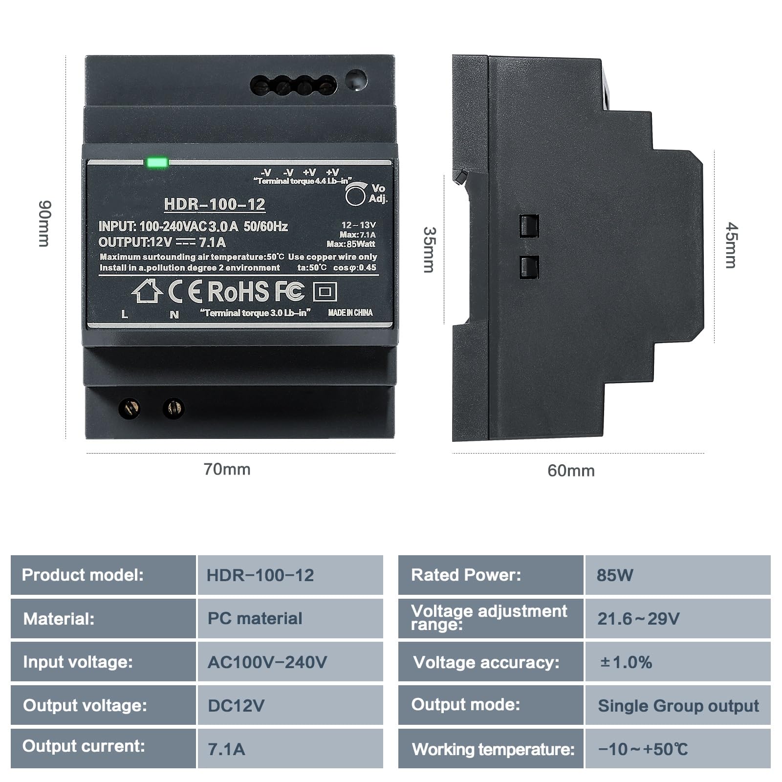 DEWIN Fuente de Alimentación DIN DC 12V 7.1A 100W Transformador 220v a 12v para montaje en carril DIN, Entrada de CA 100V-240V, Salida de CC 12V, HDR-100-12