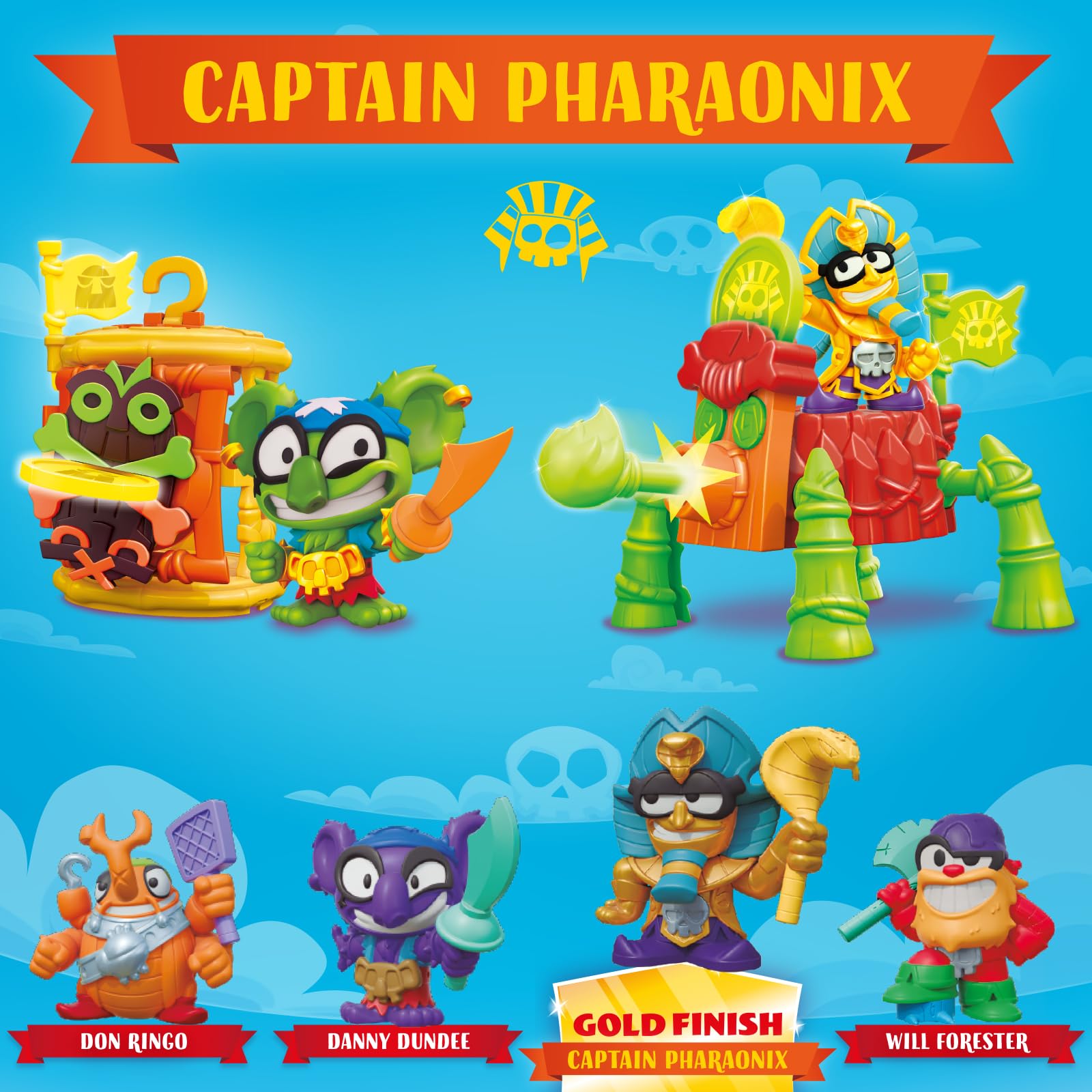 PIRATIX ADVENTURE WORLD Crazy Jungle Series, Captain Pack Pharaonix: 4 Piratix, 1 golden Captain, 4 neon accessories, 1 Cage - Image 3