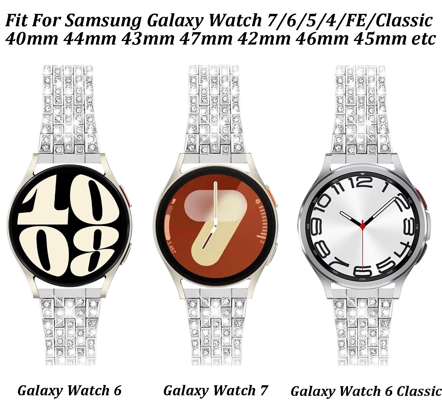 VISOOM 20mm Uhrenarmband kompatibel mit Samsung Galaxy Watch 7/6/5/4/FE Armband 40mm 44mm Damen, Glitzer Strass Bling Diamant Metall Armband für Galaxy Watch 4/6 Classic, Silber