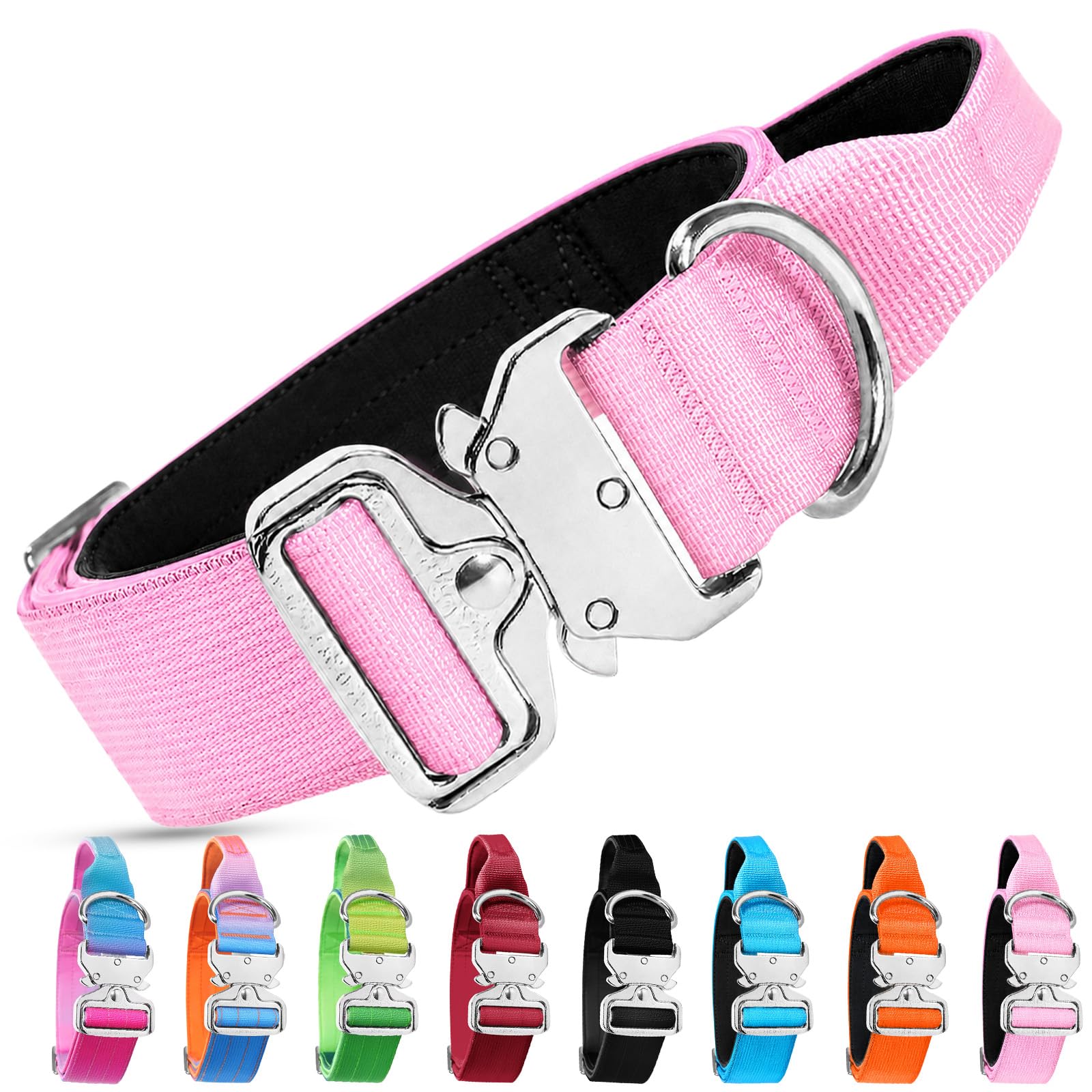 Premium Tactical Dog Collar for Medium Large Dogs, Adjustable Military Nylon Pet Collar with Control Handle and Heavy Duty Quick Release Metal Buckle, Soft Padding Dog Collar for Walking (Pink, M)