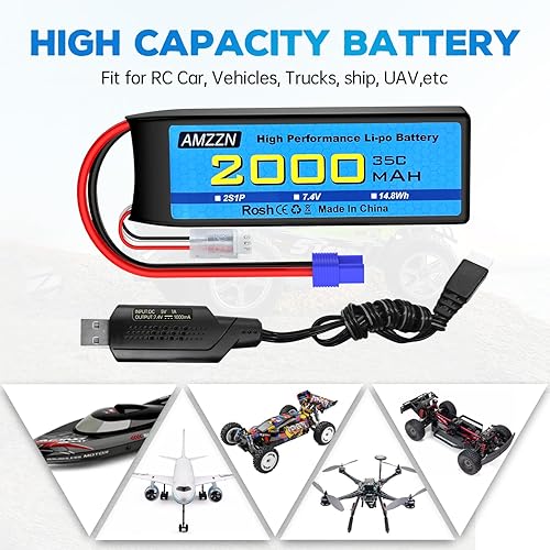 Miniatura 2 de Batería Lipo de 7.4V 2000mAh 35C 2S EC2 Plug Lipo con cable de carga USB para coche RC, modelo de camión, barco de control remoto, RC Quadcopter