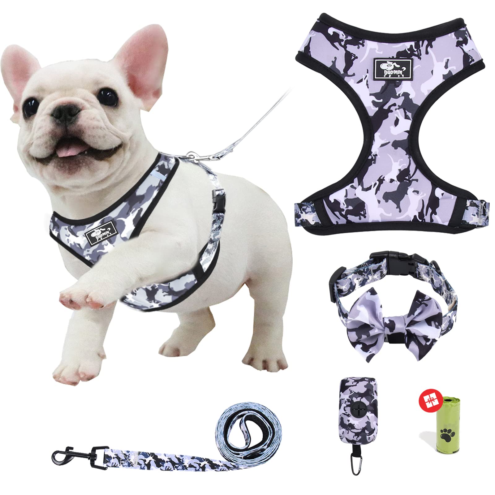 Dog Harness and Leash Set for Small Dogs, Adjustable Reflective No Pull Dog Vest Harness for Puppy with Bow-tie Collar, Leash and Poop Bag (S, Grey Camouflage)