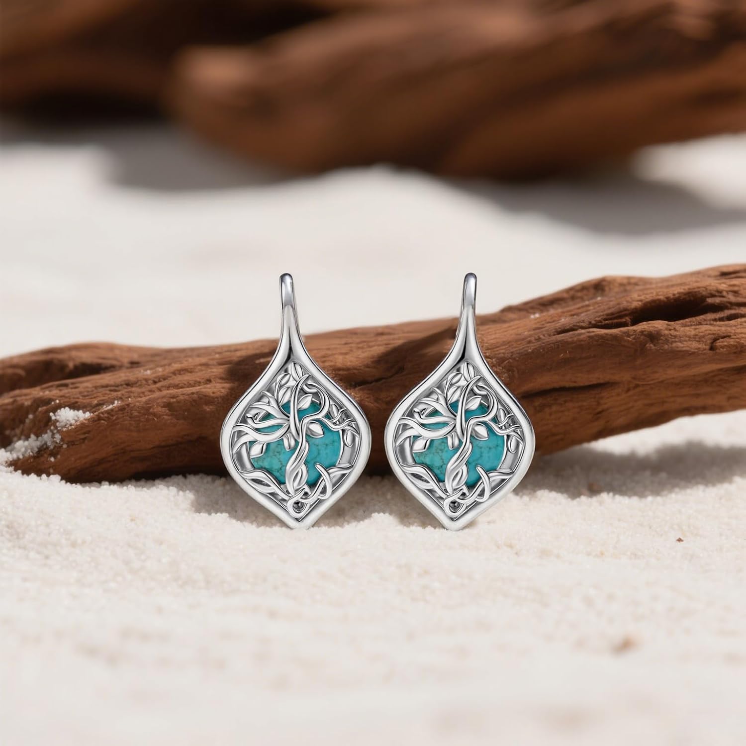 Genuine Turquoise Earrings for Women 925 Sterling Silver Tree of Life Earrings Vintage Boho Leverback Earrings Nature Real Turquoise Jewelry for Women - Image 2