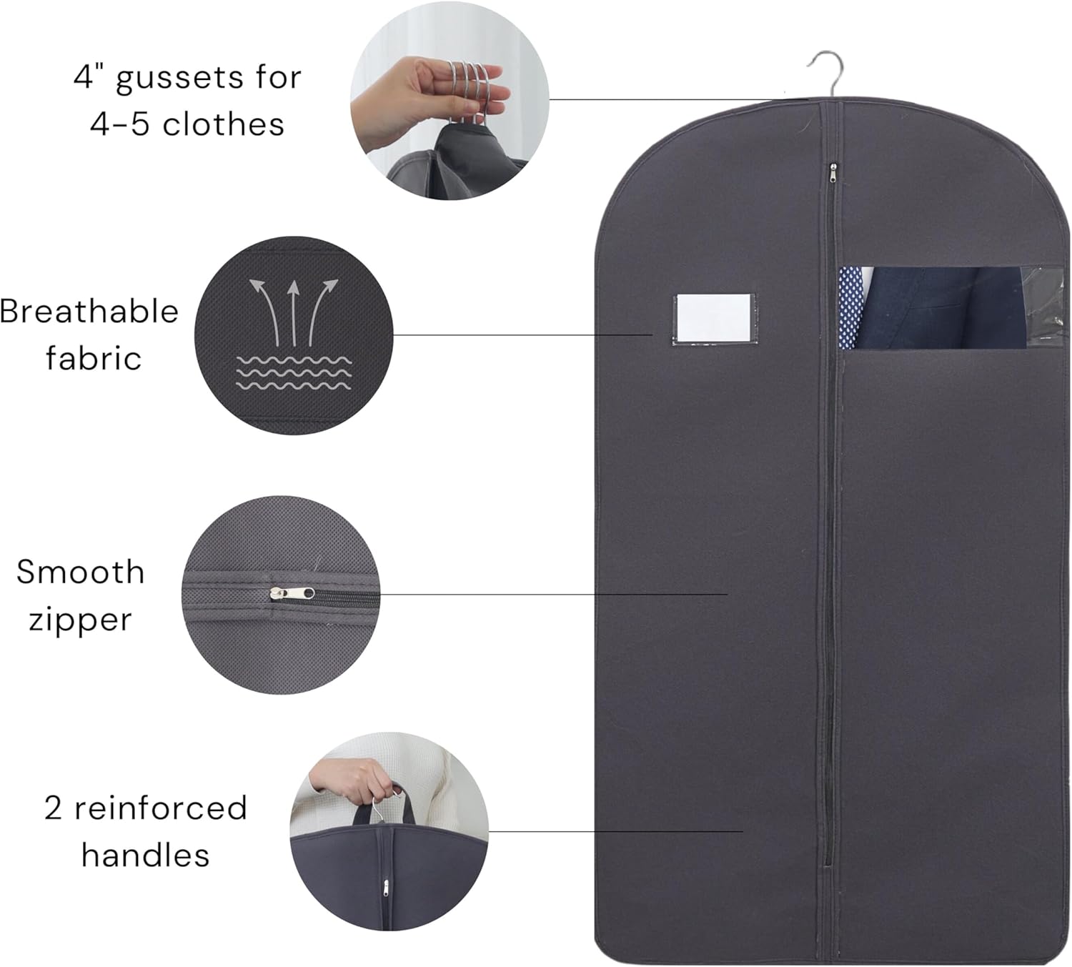 CONMEOCON- 43” Garment Bags for Hanging Clothes, Suit Bags for Men Travel with Car, Garment Bags for Storage with Handle, Clear Window and Name Tag, Protector for Suit, Jacket, Coat, Sweater, 6 Pack - Image 2