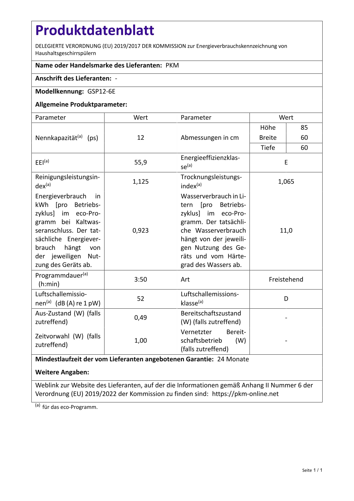 PKM Geschirrspüler GSP12-6E/12 Gedecke/6 Programme/2100 Watt/49 dB/Eco-, 90 Min-, Glas-, Schnell-, Intensiv-, Universalprogramm/Startzeitvorwahl/Freistehend//2 Körbe/1 Besteckkorb/Energieeffizienz E