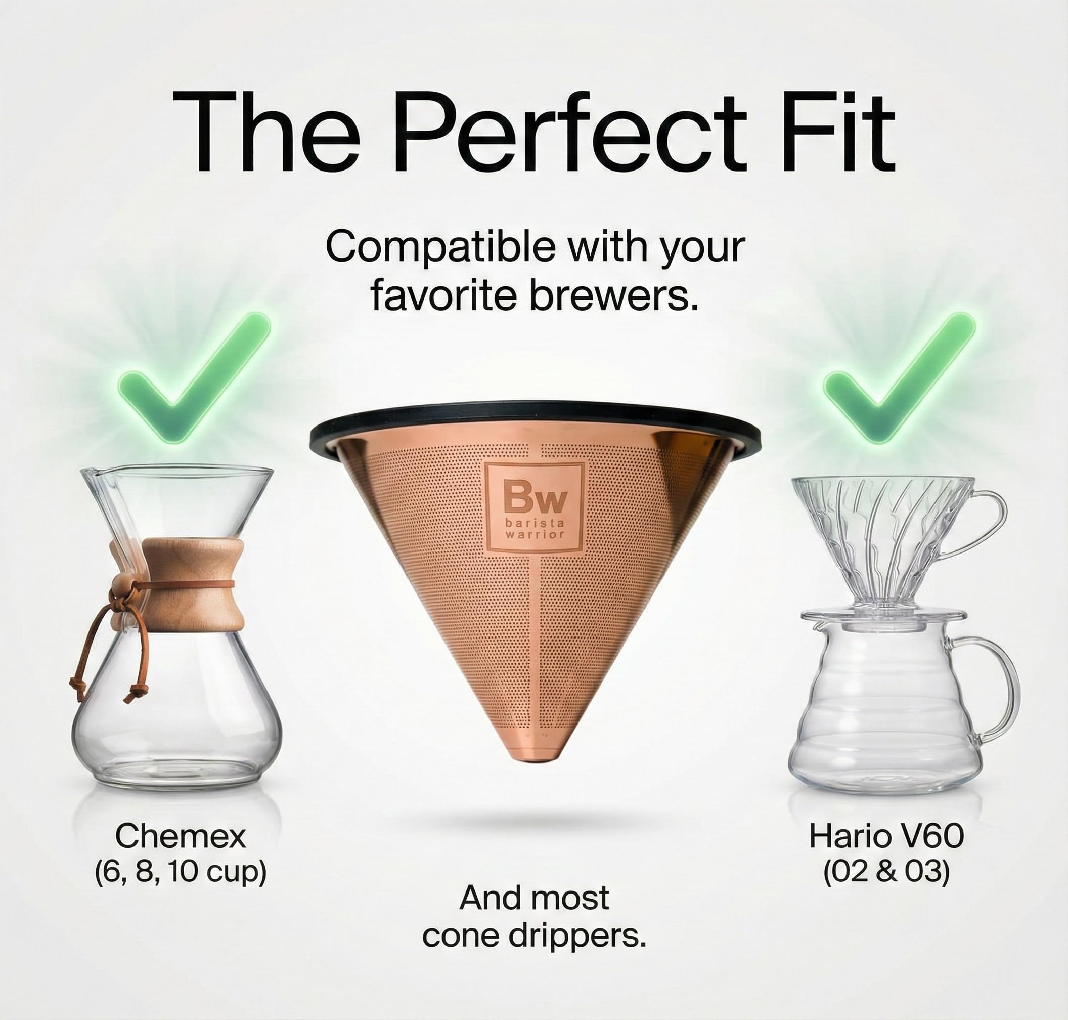 Barista Warrior Wiederverwendbarer Kaffeefilter – Edelstahl zum Übergießen, kompatibel mit Chemex, Hario V60 und Tropfern, leicht zu reinigen, aromatischer Kaffeefilter, feinmaschig, Kupfer