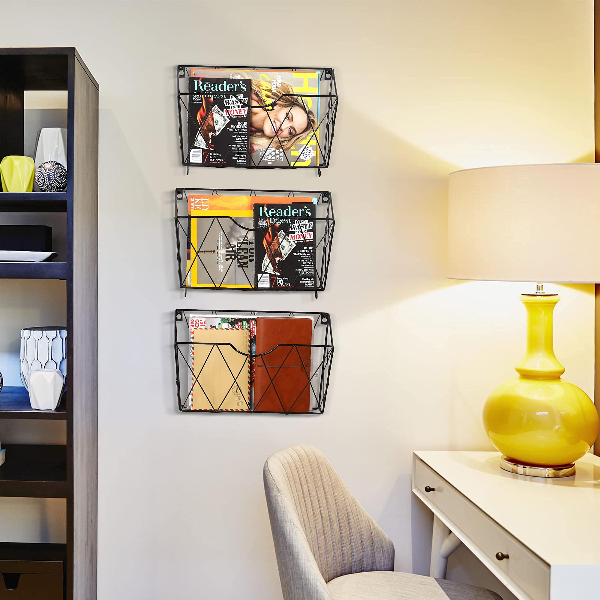 organizer da parete, per ufficio, struttura in metallo resistente, porta cartelle, organizer da appendere, 3 tasche, salvaspazio, per ufficio, casa, nero