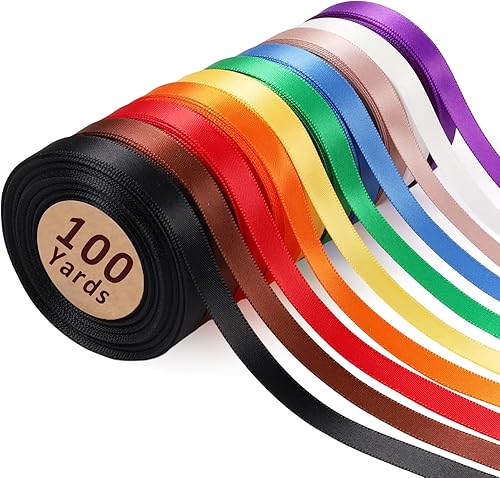 LaRibbons Cinta de Satén de 3/8 Pulgadas 100 Yardas para Manualidades, 10 Yardas/Rollo 10 Rollos Paquete de Cinta de Satén Arcoíris de Doble Cara