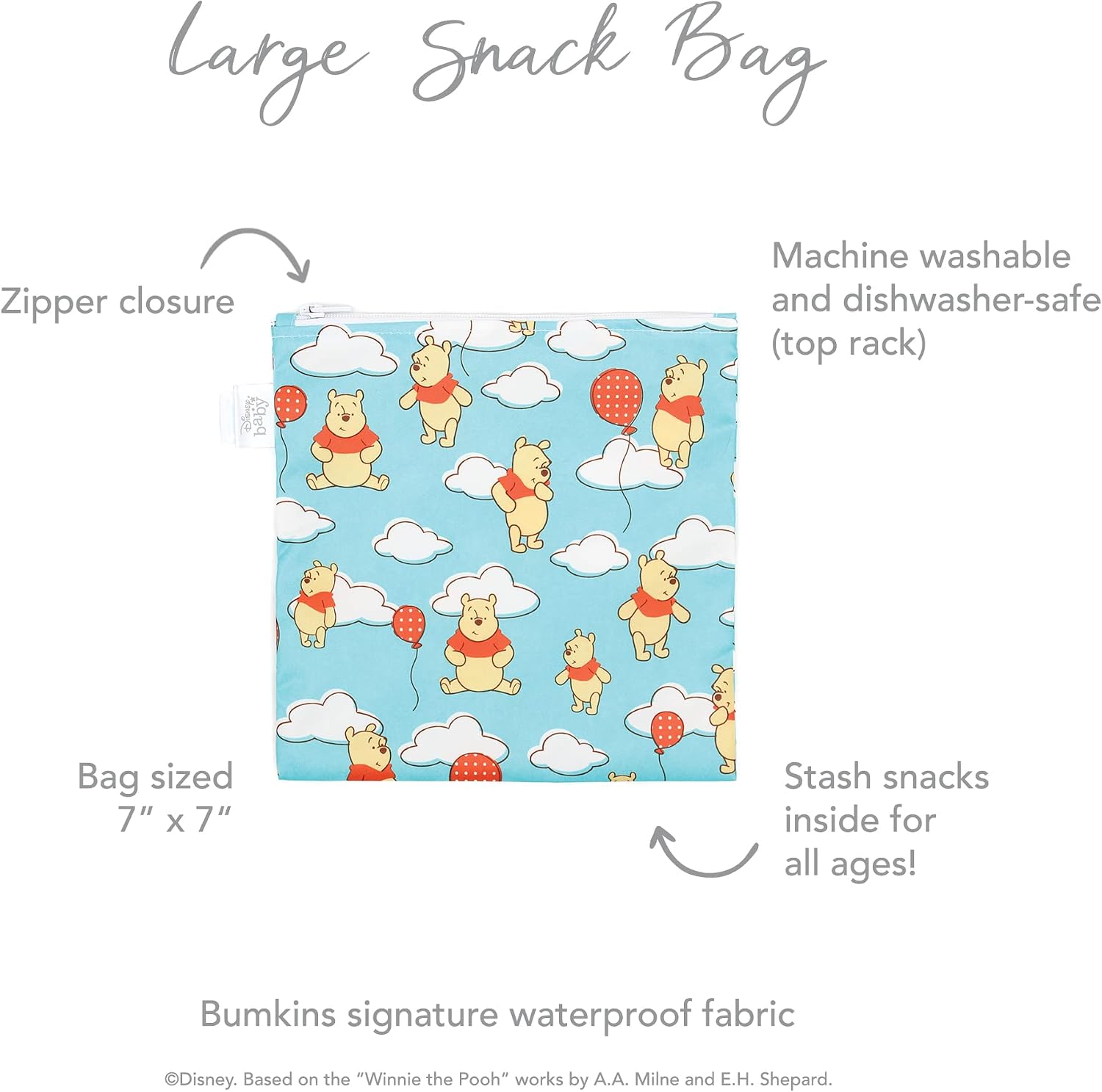 Bumkins Disney Reusable Sandwich and Snack Bags, for Kids School Lunch and for Adults Portion, Washable Fabric, Waterproof Cloth Zip Bag, Travel Pouch, Food-Safe Storage, Large, Winnie the Pooh image 5